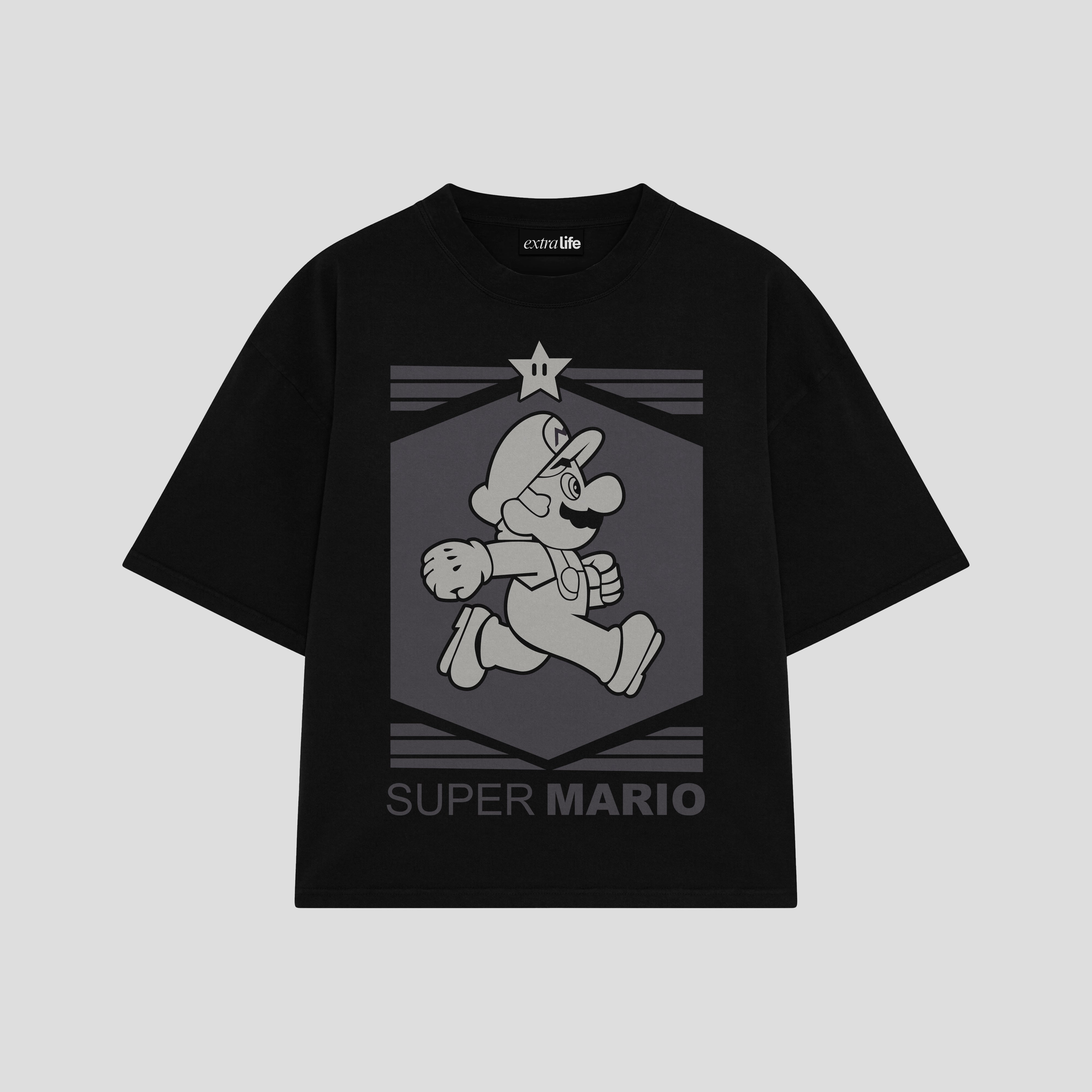 Playera streetwear premium de anime y gaming ExtraLife MX, corte boxy oversized drop shoulder heavyweight en color Deep Black y Off-White, moda urbana mexicana de culto.