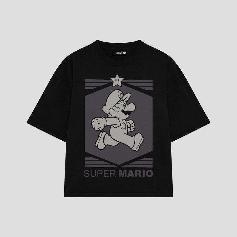 Playera streetwear premium de anime y gaming ExtraLife MX, corte boxy oversized drop shoulder heavyweight en color Deep Black y Off-White, moda urbana mexicana de culto.