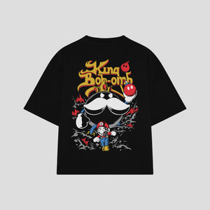 Playera streetwear premium de anime y gaming ExtraLife MX, corte boxy oversized drop shoulder heavyweight en color Deep Black y Off-White, moda urbana mexicana de culto.