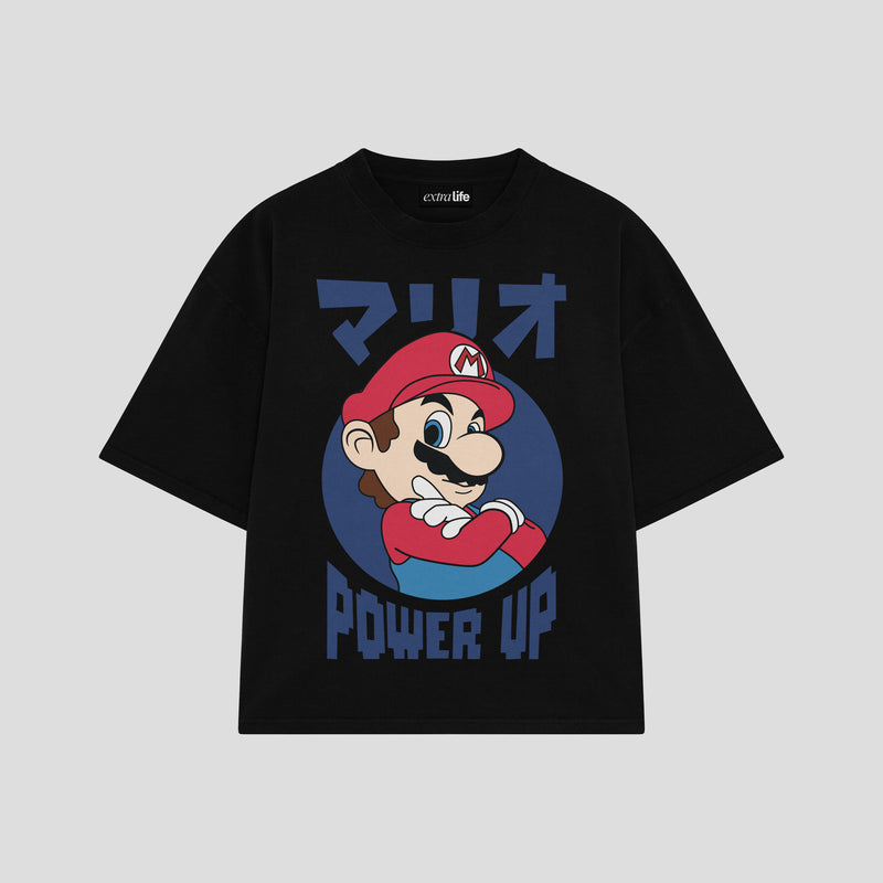 Playera streetwear premium de anime y gaming ExtraLife MX, corte boxy oversized drop shoulder heavyweight en color Deep Black y Off-White, moda urbana mexicana de culto.