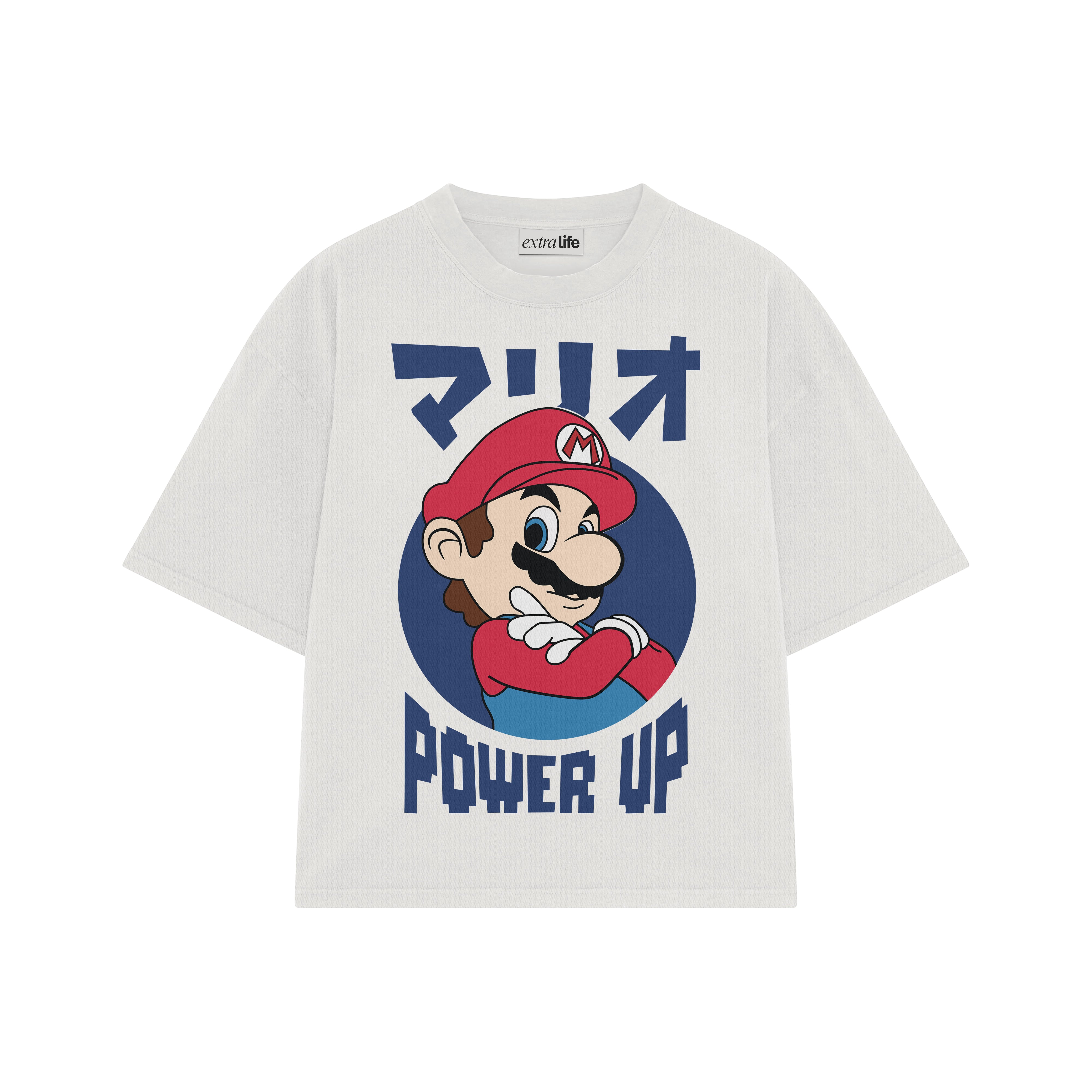 Playera streetwear premium de anime y gaming ExtraLife MX, corte boxy oversized drop shoulder heavyweight en color Deep Black y Off-White, moda urbana mexicana de culto.
