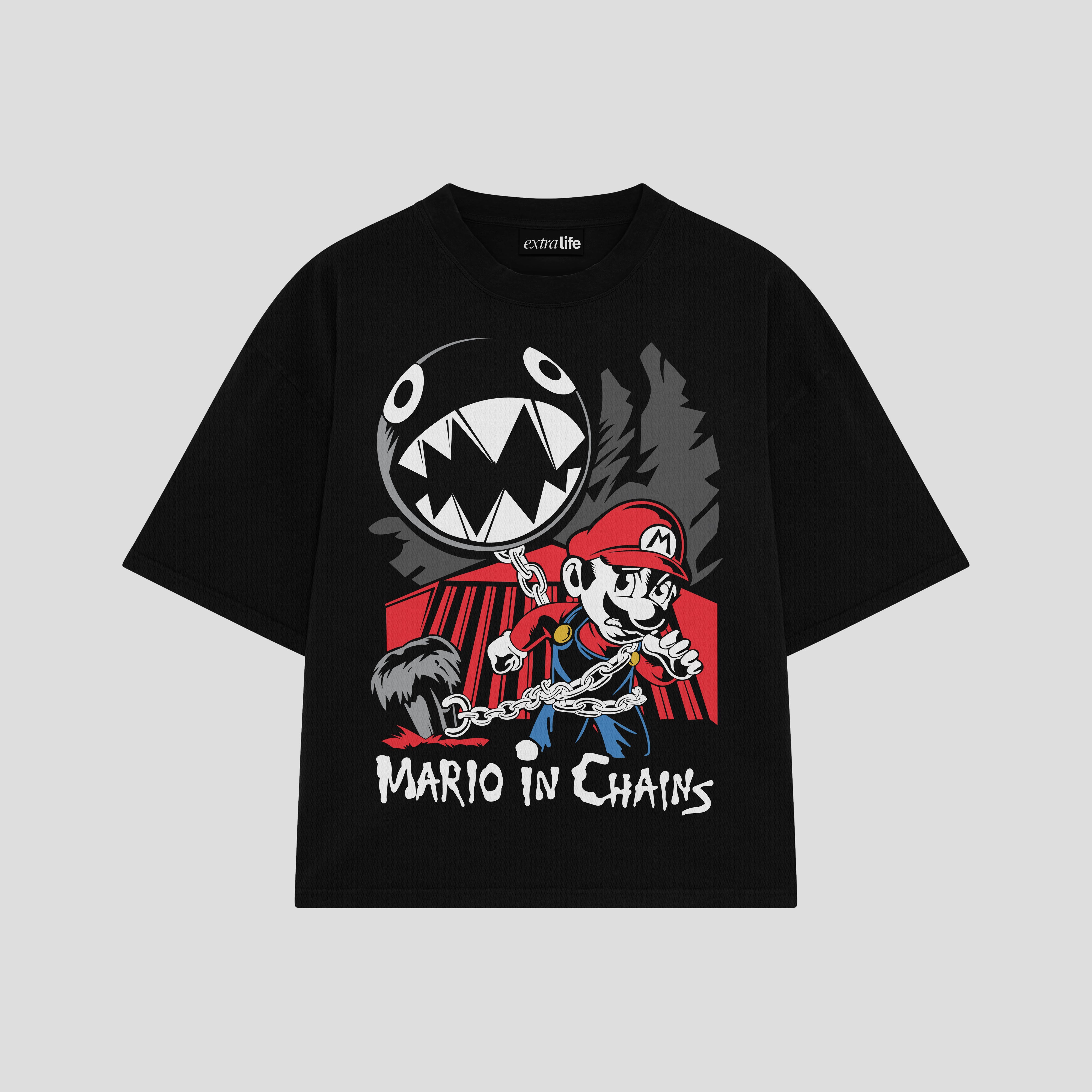 Playera streetwear premium de anime y gaming ExtraLife MX, corte boxy oversized drop shoulder heavyweight en color Deep Black y Off-White, moda urbana mexicana de culto.