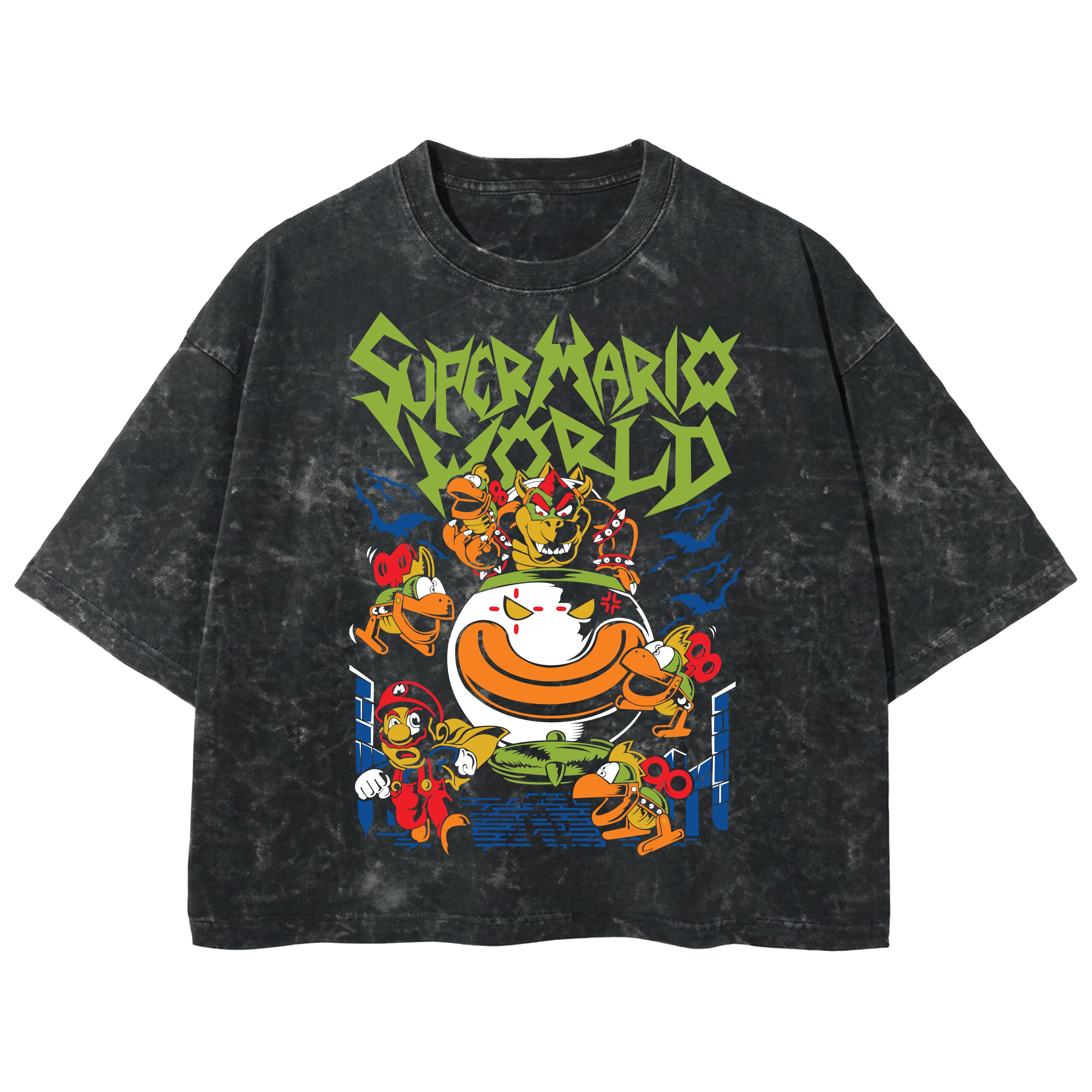 Playera streetwear premium de anime y gaming ExtraLife MX, corte boxy deluxe mineral wash heavyweight en color Acid Wash, moda urbana mexicana de culto.