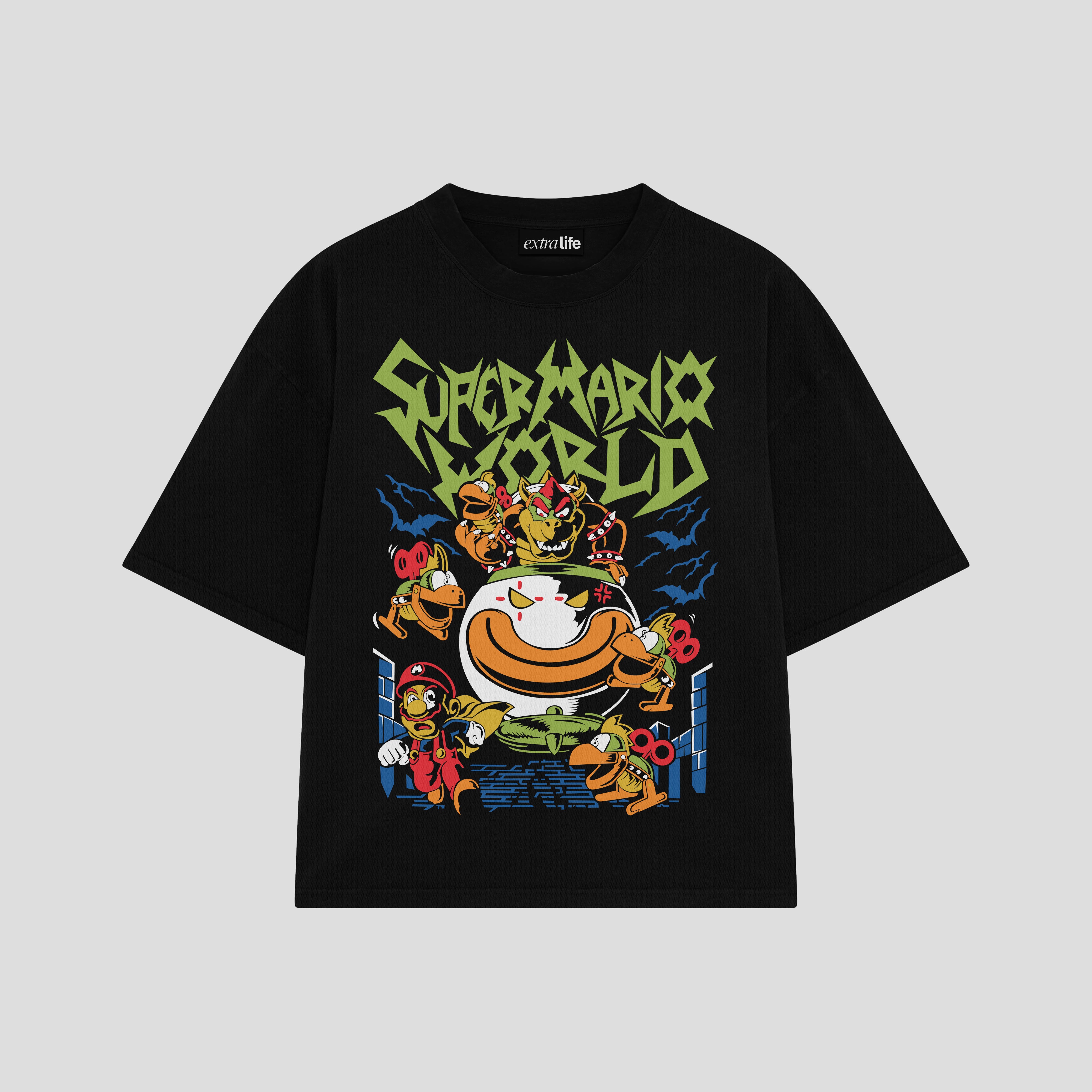 Playera streetwear premium de anime y gaming ExtraLife MX, corte boxy oversized drop shoulder heavyweight en color Deep Black y Off-White, moda urbana mexicana de culto.