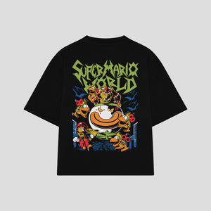 Playera streetwear premium de anime y gaming ExtraLife MX, corte boxy oversized drop shoulder heavyweight en color Deep Black y Off-White, moda urbana mexicana de culto.