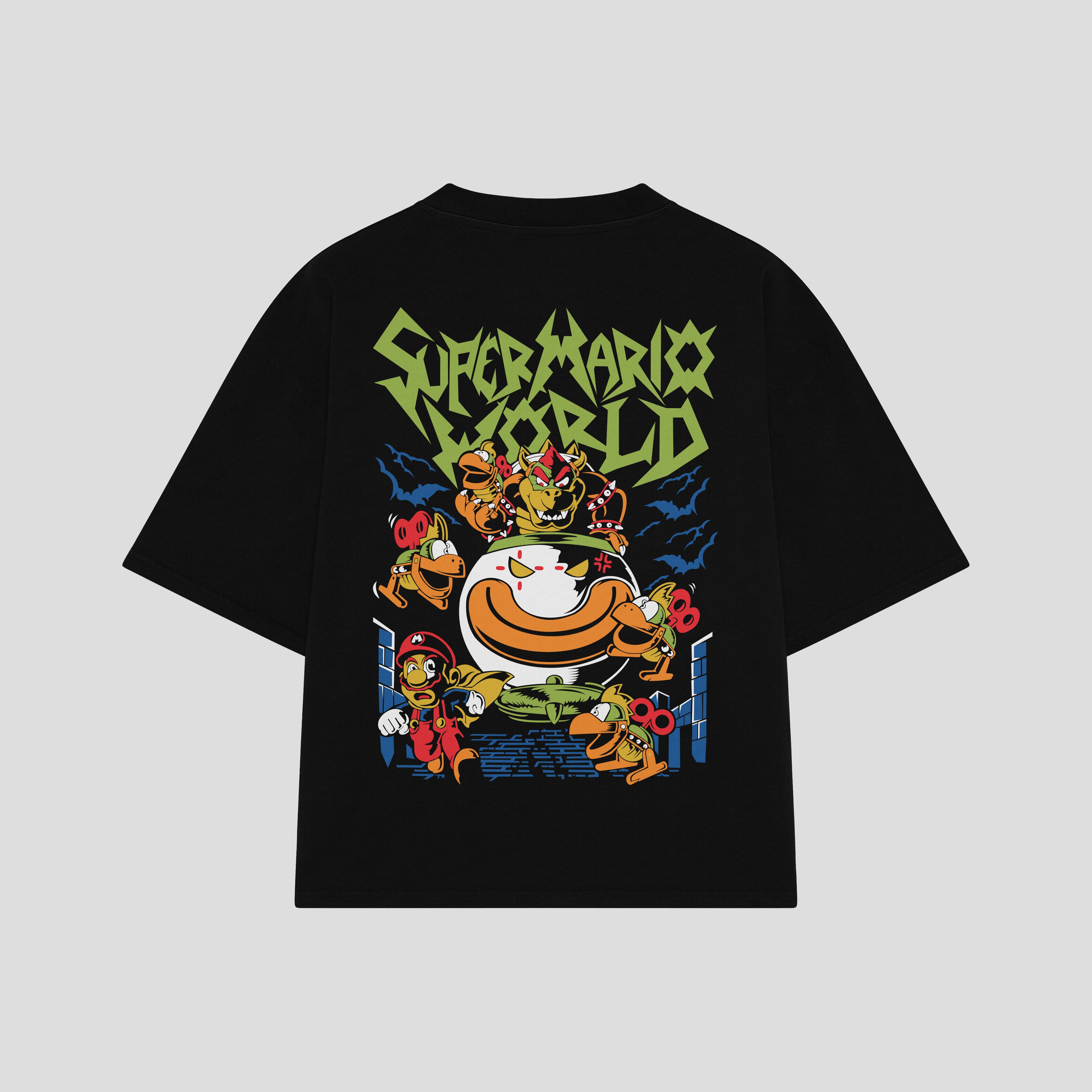 Playera streetwear premium de anime y gaming ExtraLife MX, corte boxy oversized drop shoulder heavyweight en color Deep Black y Off-White, moda urbana mexicana de culto.