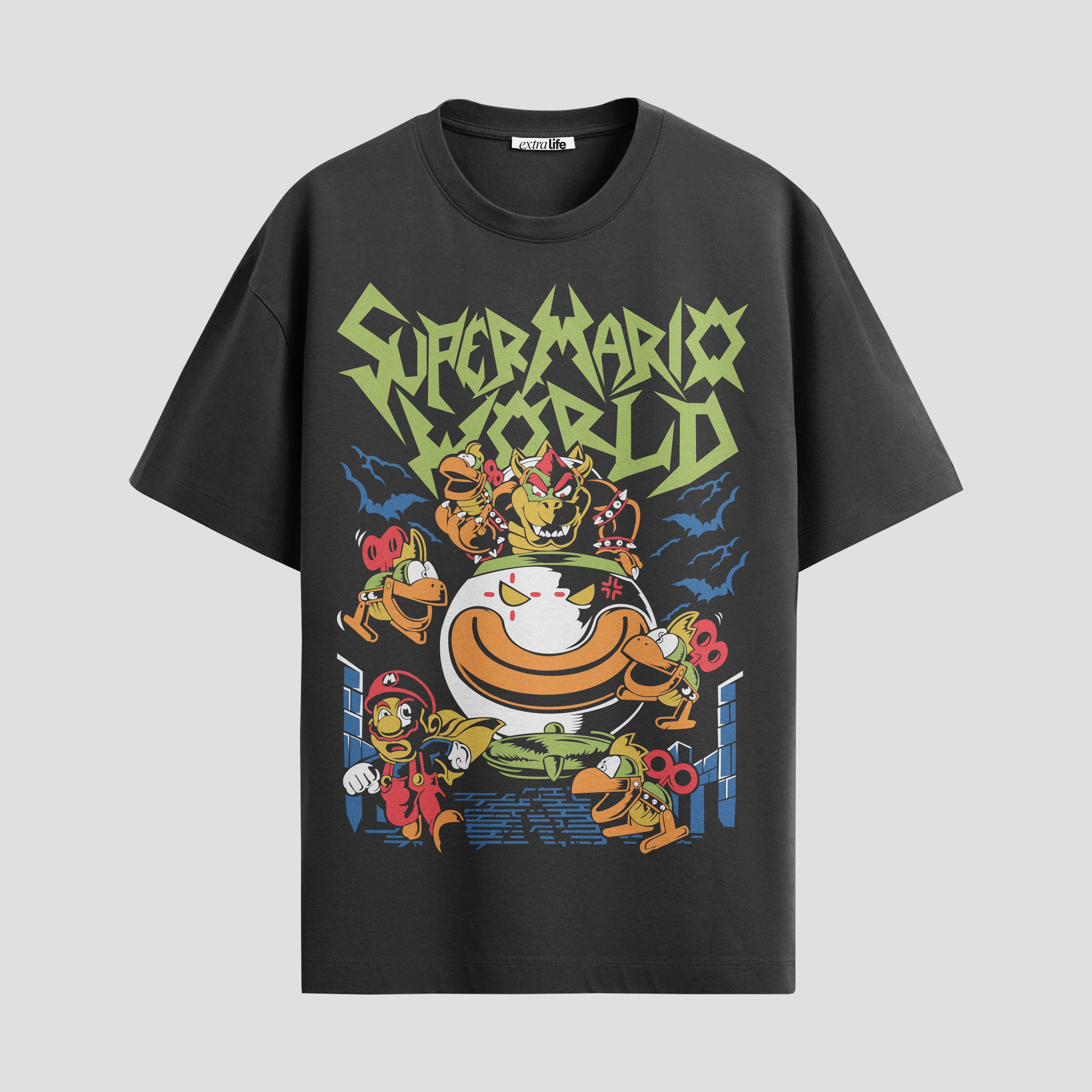 Playera urbana de anime y gaming ExtraLife MX, corte Standard Fit unisex ligero y transpirable en color Deep Black y Pure White, ropa de uso diario para gym y casual.