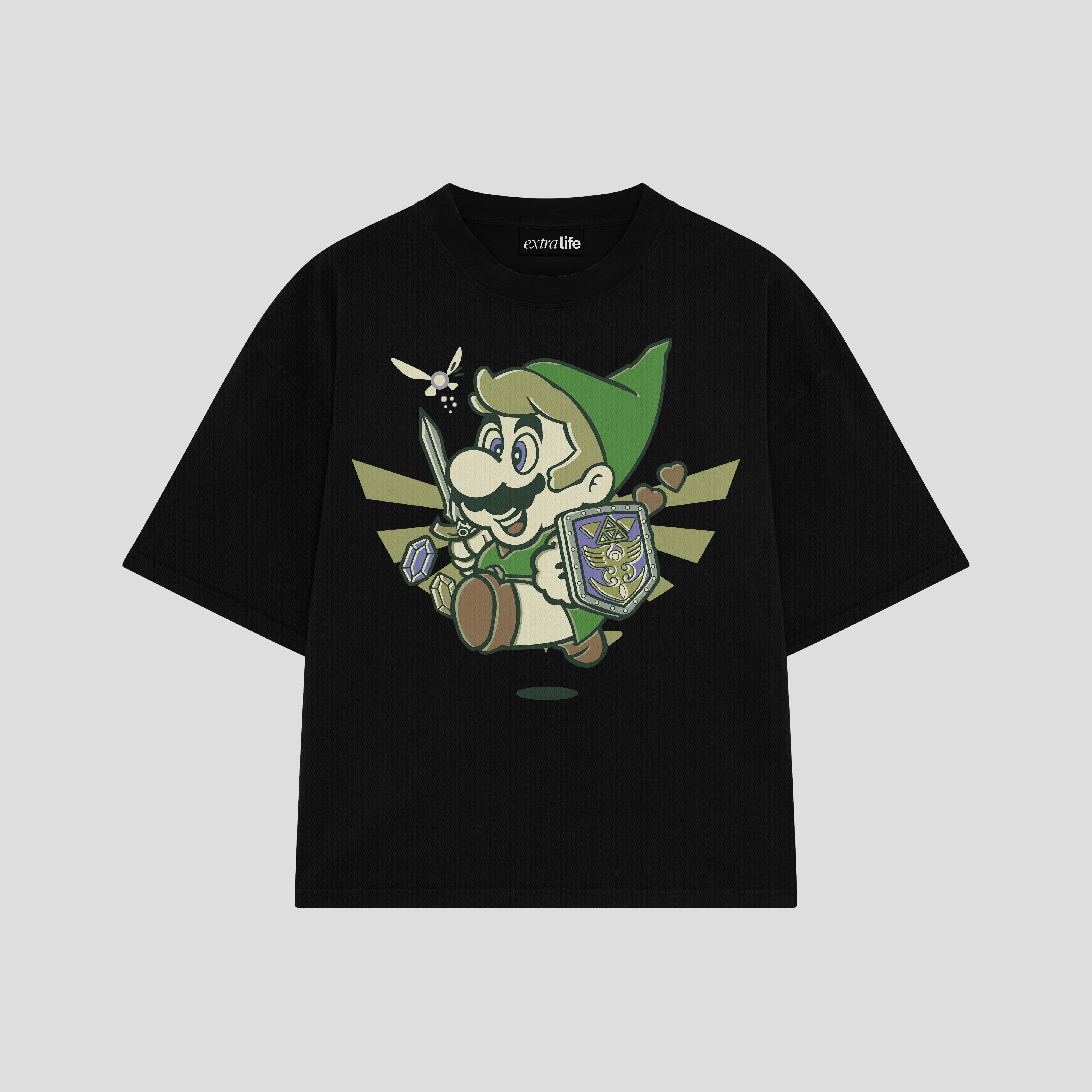 Playera streetwear premium de anime y gaming ExtraLife MX, corte boxy oversized drop shoulder heavyweight en color Deep Black y Off-White, moda urbana mexicana de culto.