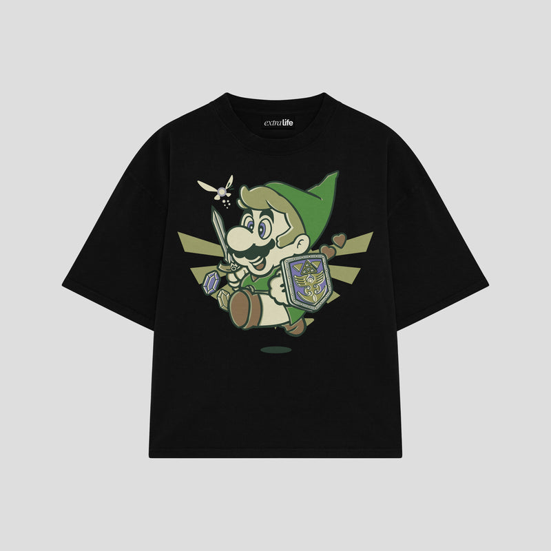 Playera streetwear premium de anime y gaming ExtraLife MX, corte boxy oversized drop shoulder heavyweight en color Deep Black y Off-White, moda urbana mexicana de culto.