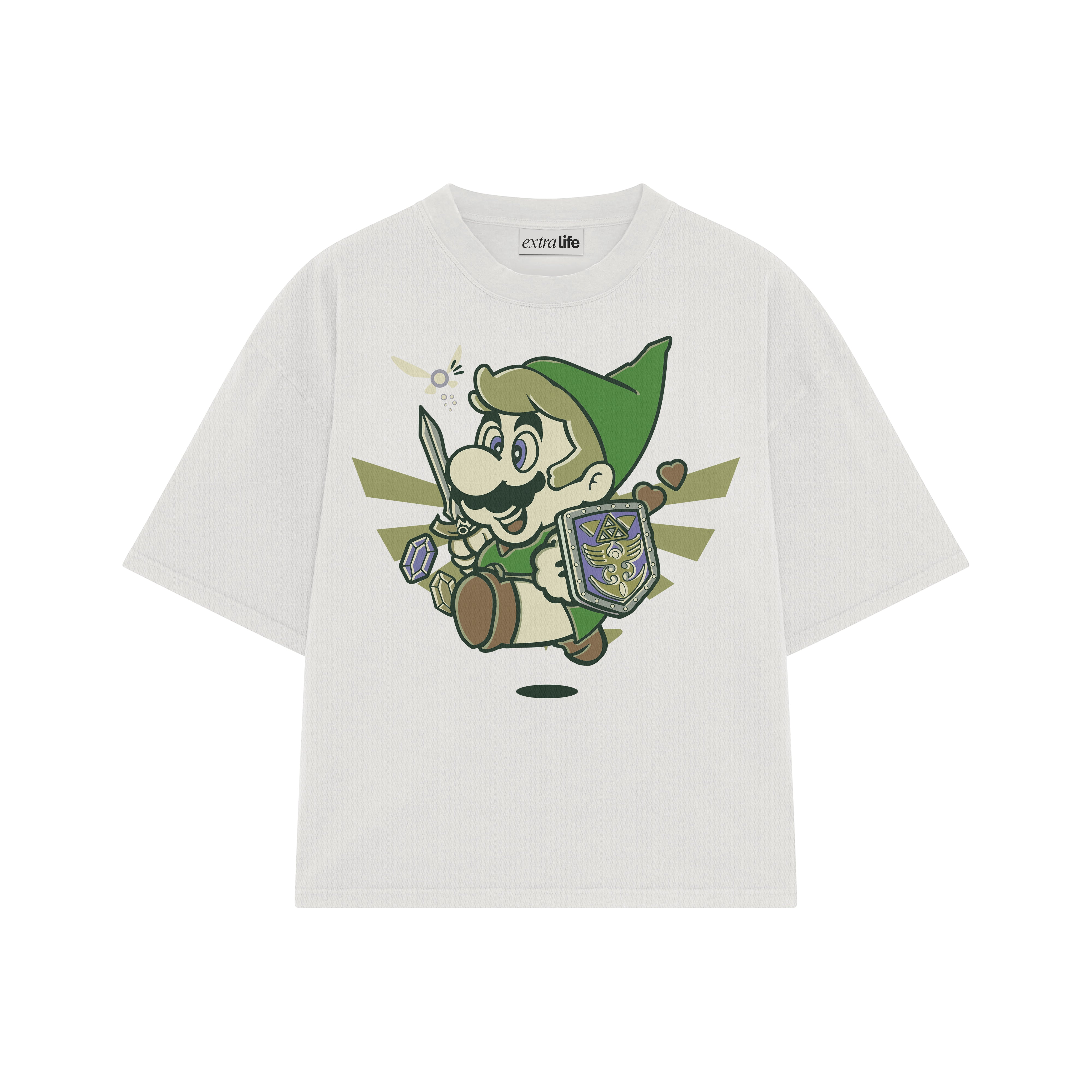 Playera streetwear premium de anime y gaming ExtraLife MX, corte boxy oversized drop shoulder heavyweight en color Deep Black y Off-White, moda urbana mexicana de culto.