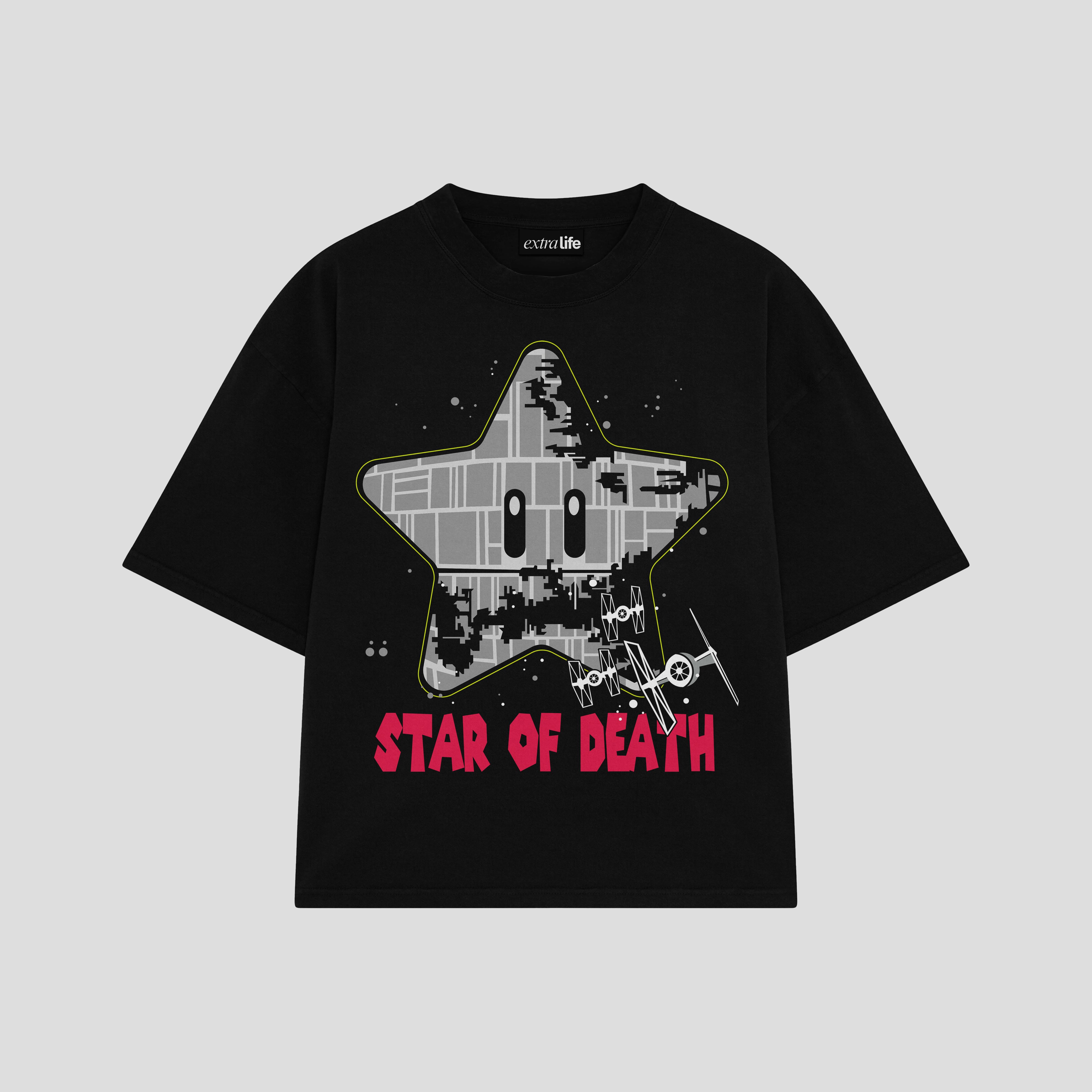 Playera streetwear premium de anime y gaming ExtraLife MX, corte boxy oversized drop shoulder heavyweight en color Deep Black y Off-White, moda urbana mexicana de culto.