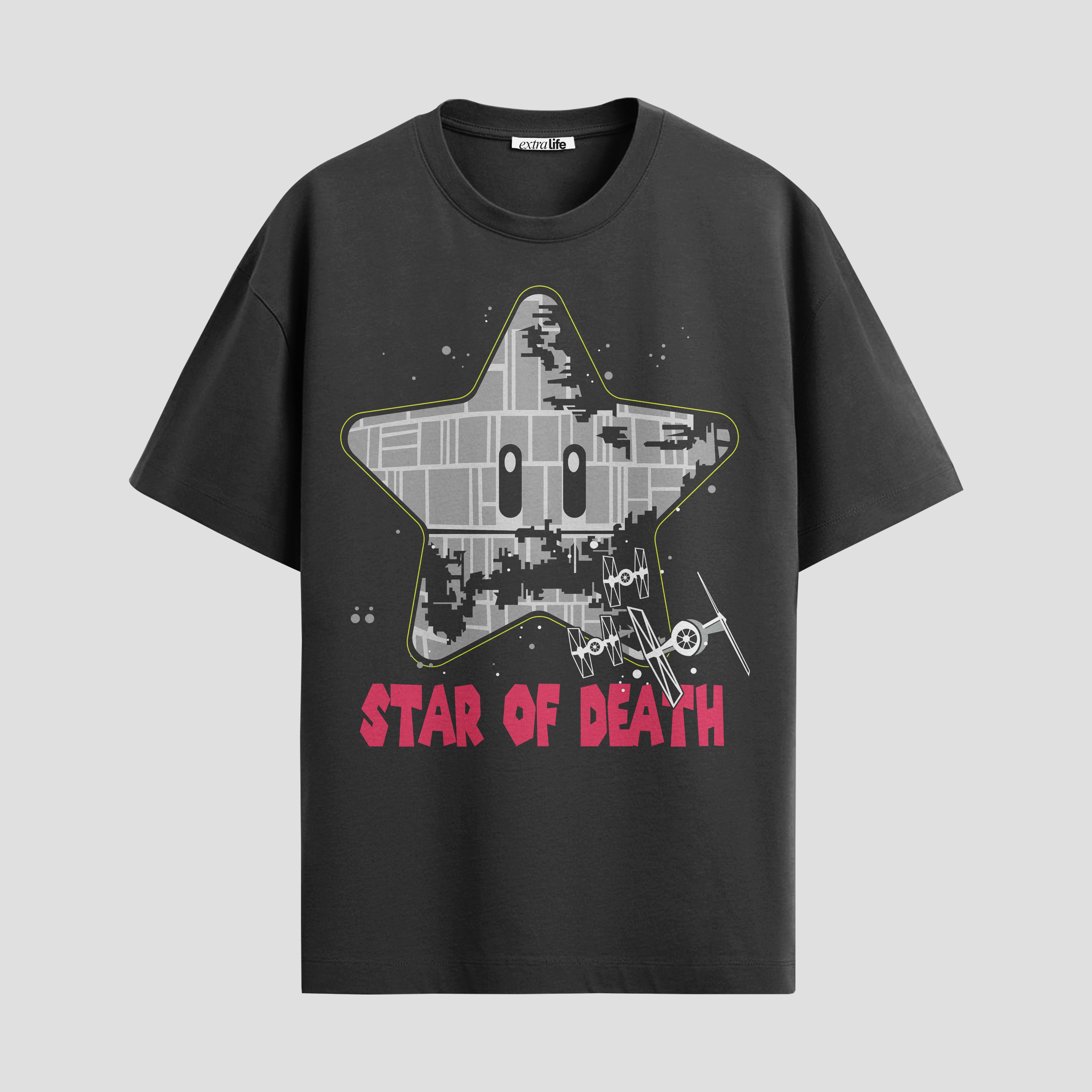 Playera urbana de anime y gaming ExtraLife MX, corte Standard Fit unisex ligero y transpirable en color Deep Black y Pure White, ropa de uso diario para gym y casual.