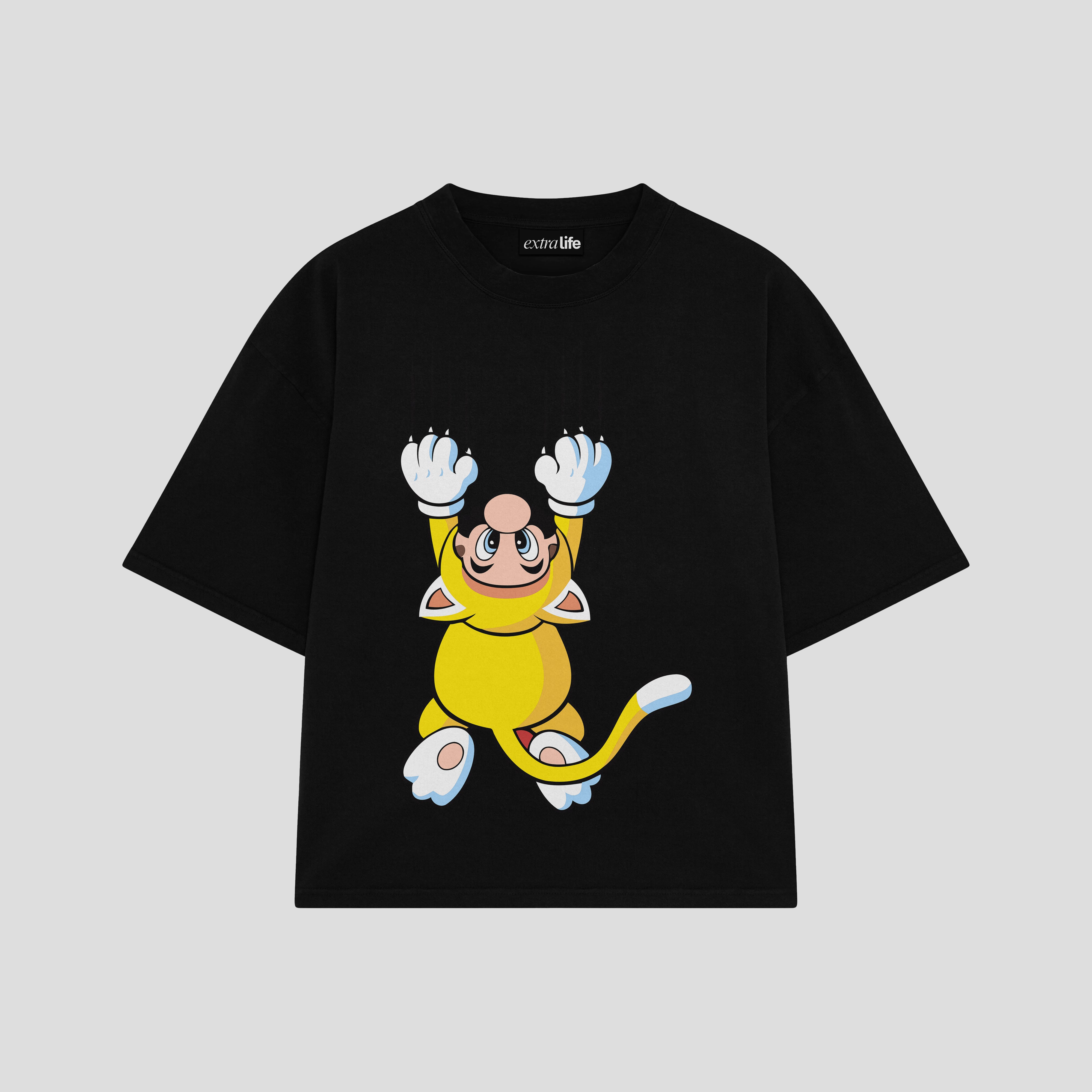 Playera streetwear premium de anime y gaming ExtraLife MX, corte boxy oversized drop shoulder heavyweight en color Deep Black y Off-White, moda urbana mexicana de culto.