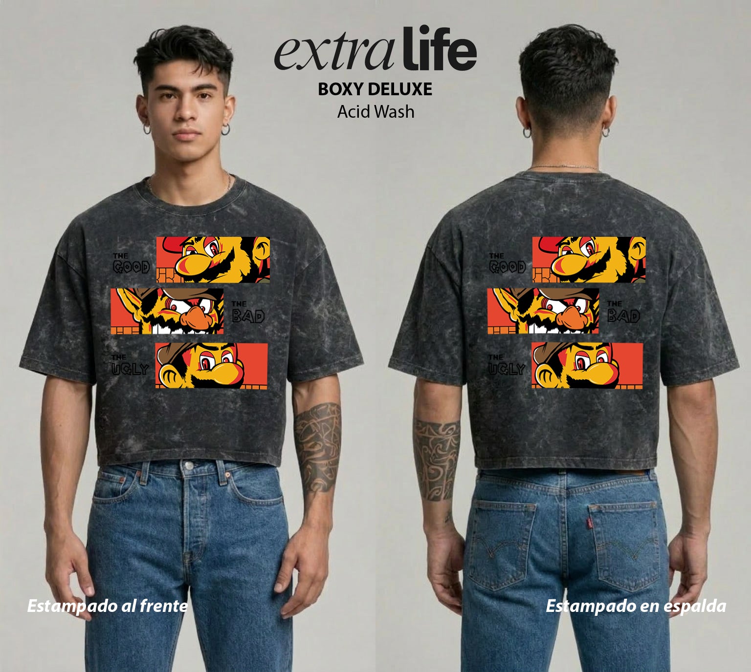 Playera streetwear premium de anime y gaming ExtraLife MX, corte boxy deluxe mineral wash heavyweight en color Acid Wash, moda urbana mexicana de culto.