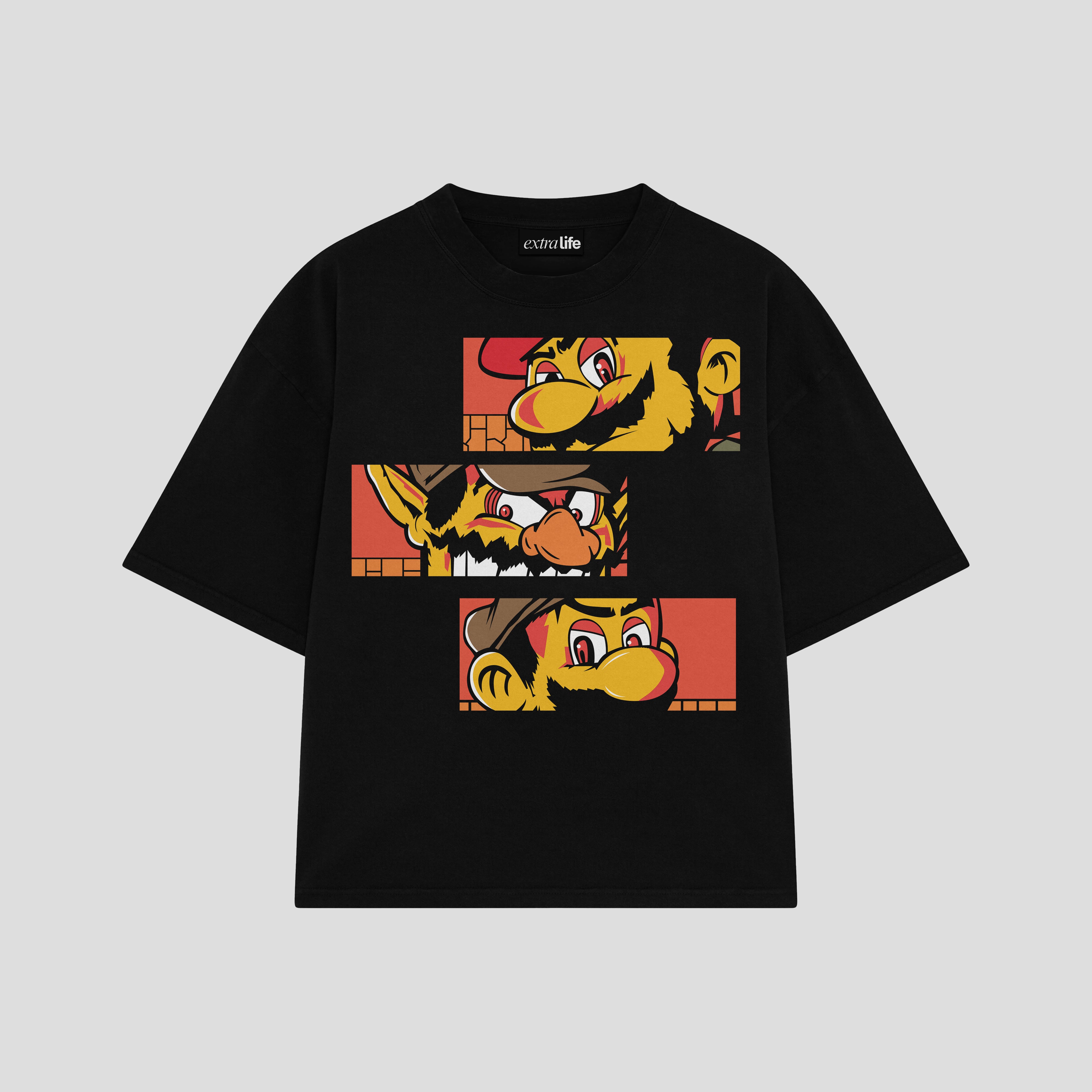 Playera streetwear premium de anime y gaming ExtraLife MX, corte boxy oversized drop shoulder heavyweight en color Deep Black y Off-White, moda urbana mexicana de culto.