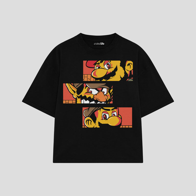 Playera streetwear premium de anime y gaming ExtraLife MX, corte boxy oversized drop shoulder heavyweight en color Deep Black y Off-White, moda urbana mexicana de culto.