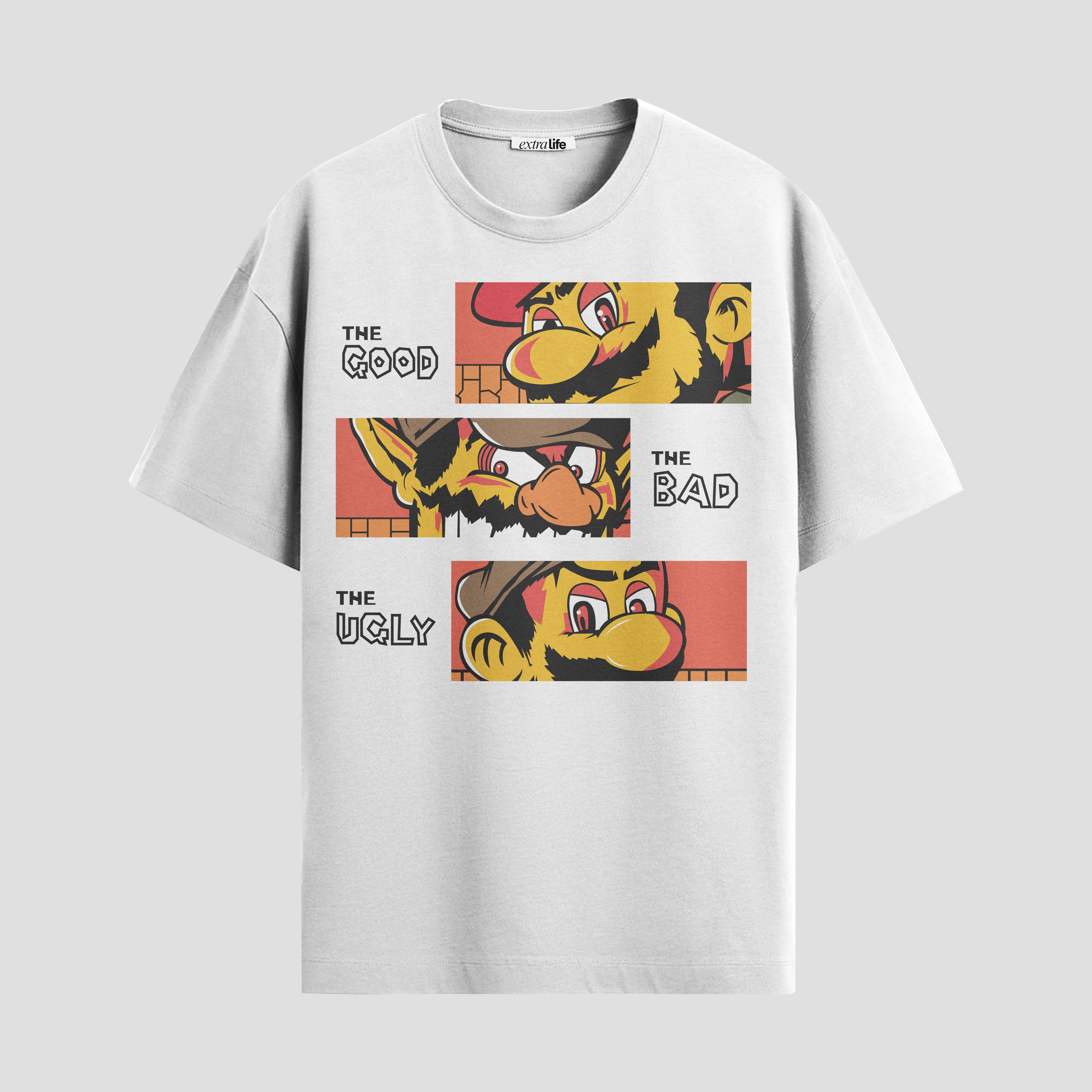 Playera urbana de anime y gaming ExtraLife MX, corte Standard Fit unisex ligero y transpirable en color Deep Black y Pure White, ropa de uso diario para gym y casual.