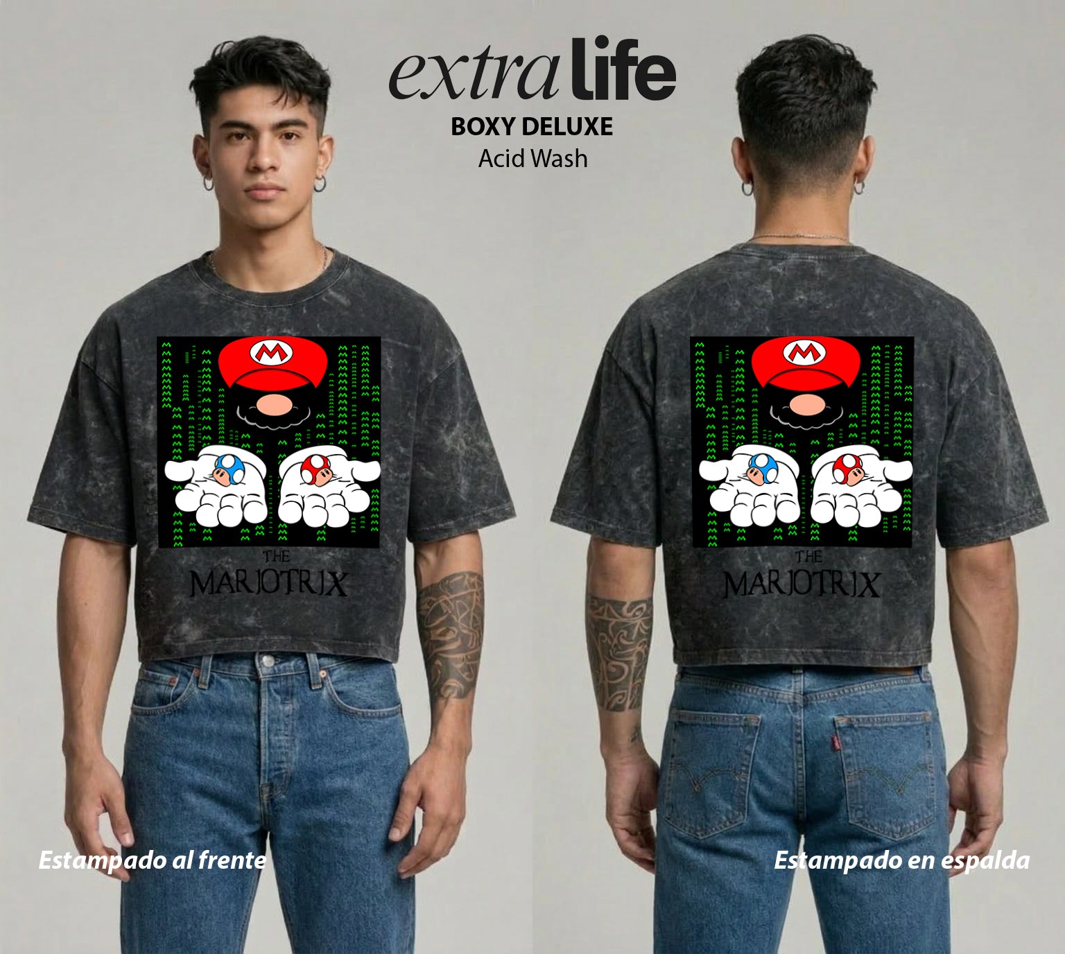 Playera streetwear premium de anime y gaming ExtraLife MX, corte boxy deluxe mineral wash heavyweight en color Acid Wash, moda urbana mexicana de culto.
