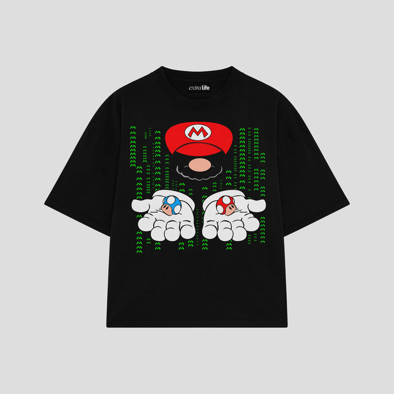 Playera streetwear premium de anime y gaming ExtraLife MX, corte boxy oversized drop shoulder heavyweight en color Deep Black y Off-White, moda urbana mexicana de culto.