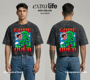 Playera streetwear premium de anime y gaming ExtraLife MX, corte boxy deluxe mineral wash heavyweight en color Acid Wash, moda urbana mexicana de culto.