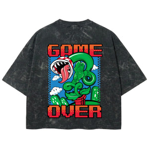 Playera streetwear premium de anime y gaming ExtraLife MX, corte boxy deluxe mineral wash heavyweight en color Acid Wash, moda urbana mexicana de culto.