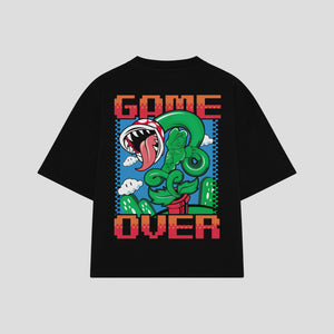 Playera streetwear premium de anime y gaming ExtraLife MX, corte boxy oversized drop shoulder heavyweight en color Deep Black y Off-White, moda urbana mexicana de culto.