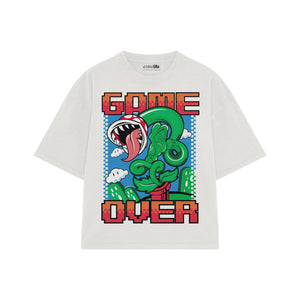 Playera streetwear premium de anime y gaming ExtraLife MX, corte boxy oversized drop shoulder heavyweight en color Deep Black y Off-White, moda urbana mexicana de culto.