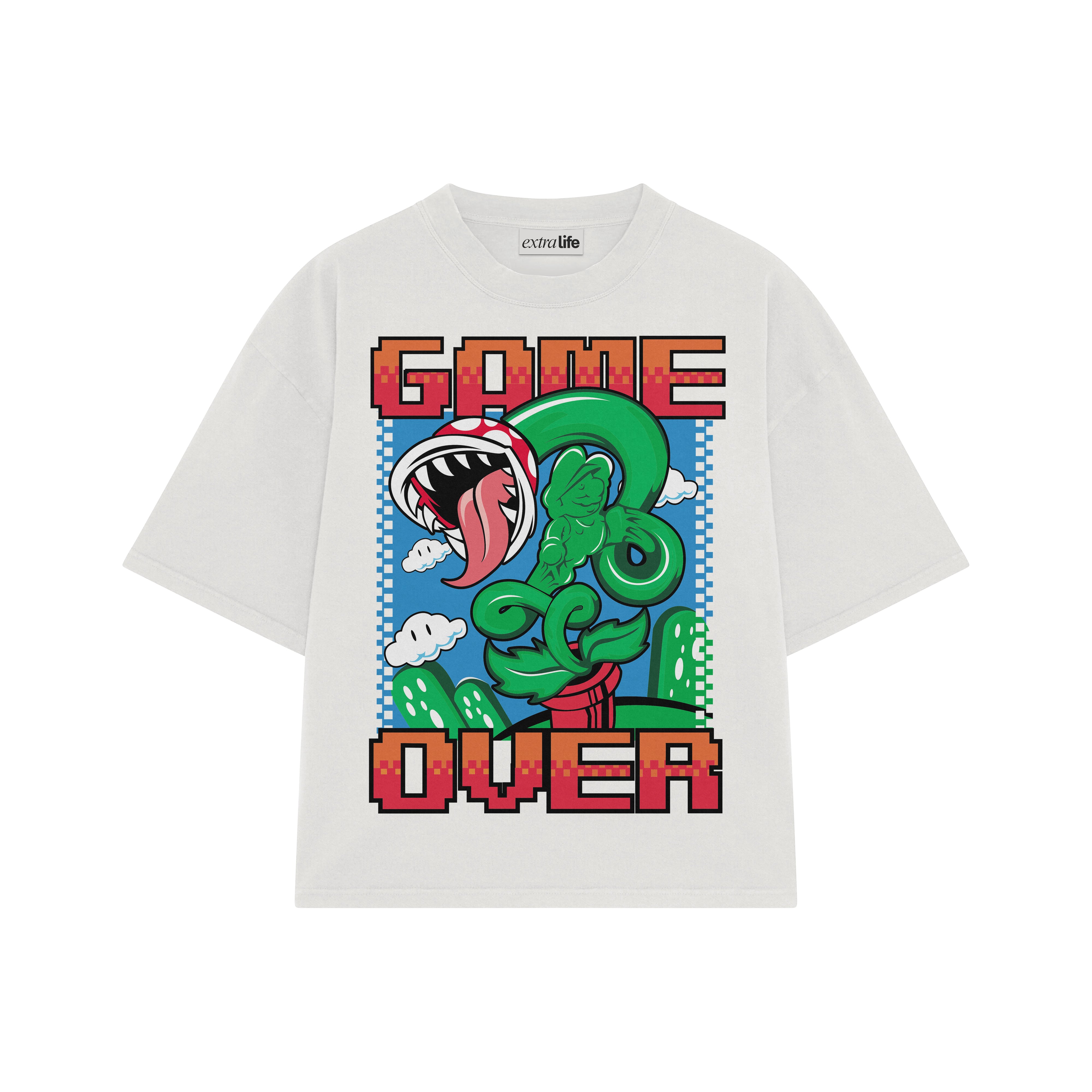 Playera streetwear premium de anime y gaming ExtraLife MX, corte boxy oversized drop shoulder heavyweight en color Deep Black y Off-White, moda urbana mexicana de culto.