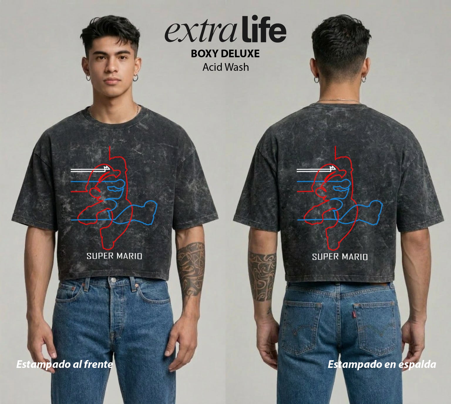 Playera streetwear premium de anime y gaming ExtraLife MX, corte boxy deluxe mineral wash heavyweight en color Acid Wash, moda urbana mexicana de culto.