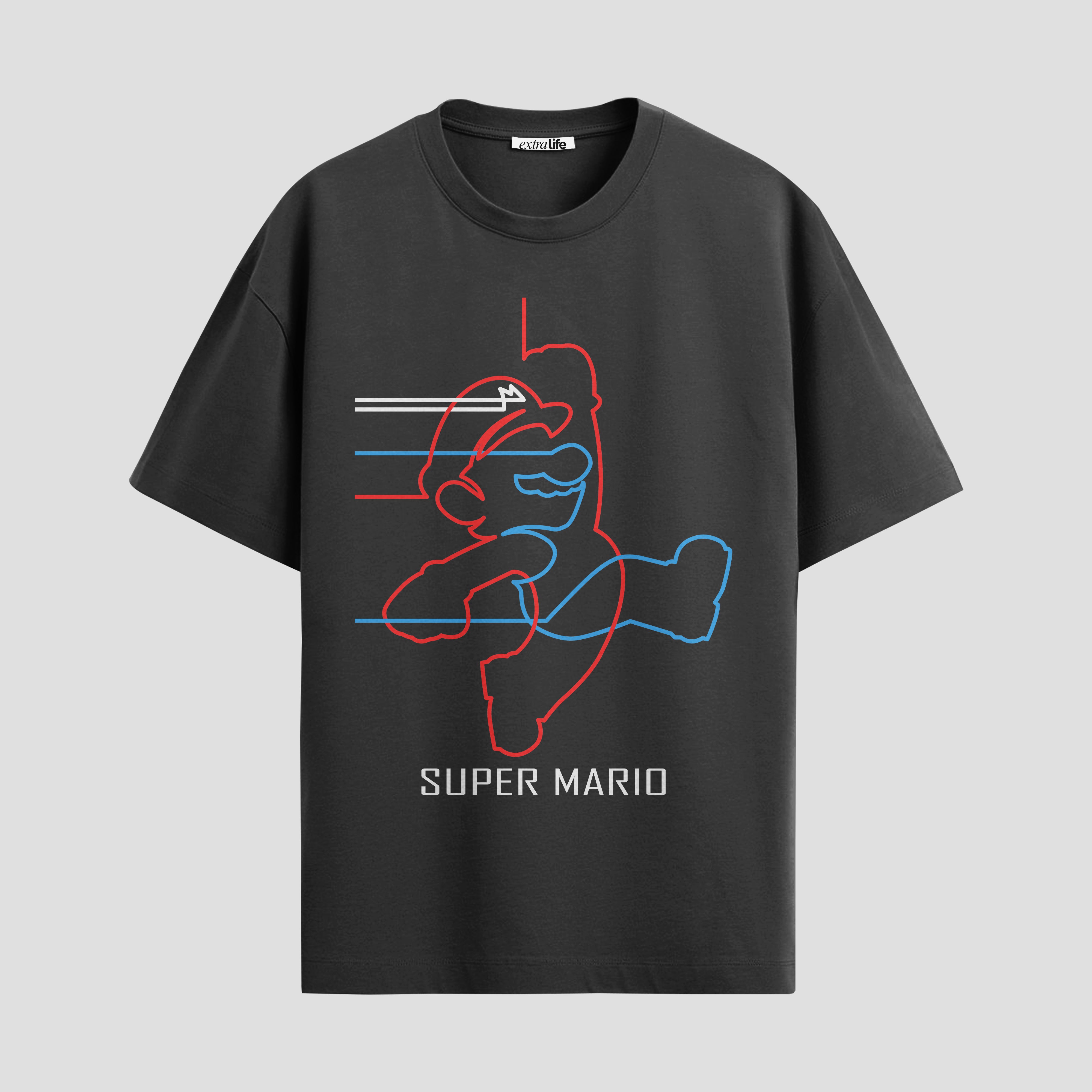 Playera urbana de anime y gaming ExtraLife MX, corte Standard Fit unisex ligero y transpirable en color Deep Black y Pure White, ropa de uso diario para gym y casual.