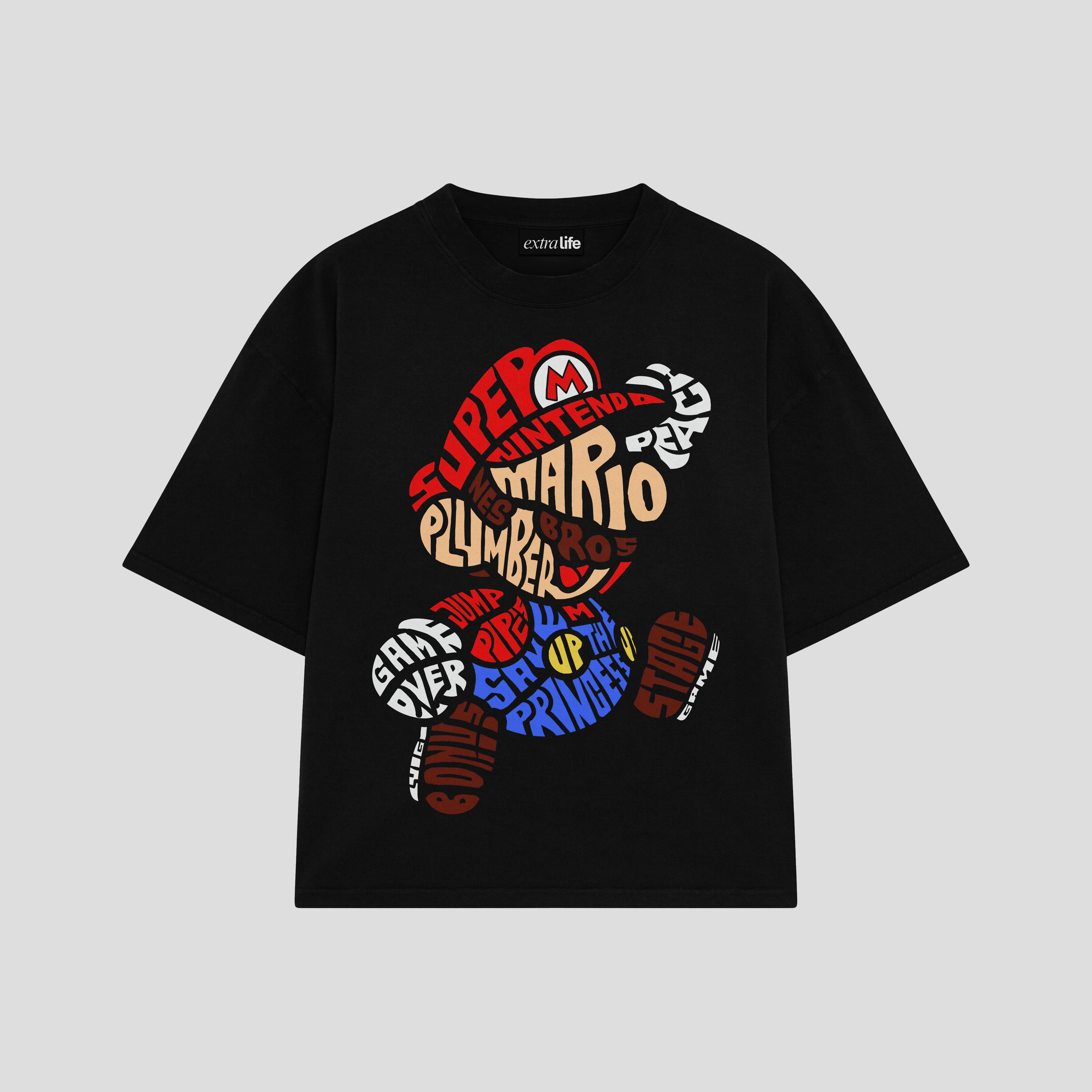 Playera streetwear premium de anime y gaming ExtraLife MX, corte boxy oversized drop shoulder heavyweight en color Deep Black y Off-White, moda urbana mexicana de culto.