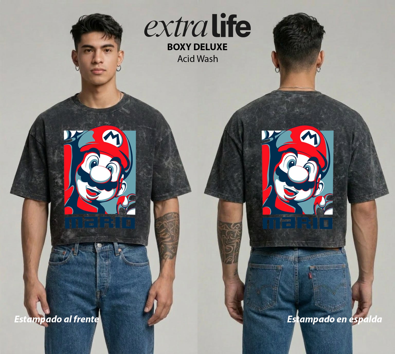 Playera streetwear premium de anime y gaming ExtraLife MX, corte boxy deluxe mineral wash heavyweight en color Acid Wash, moda urbana mexicana de culto.