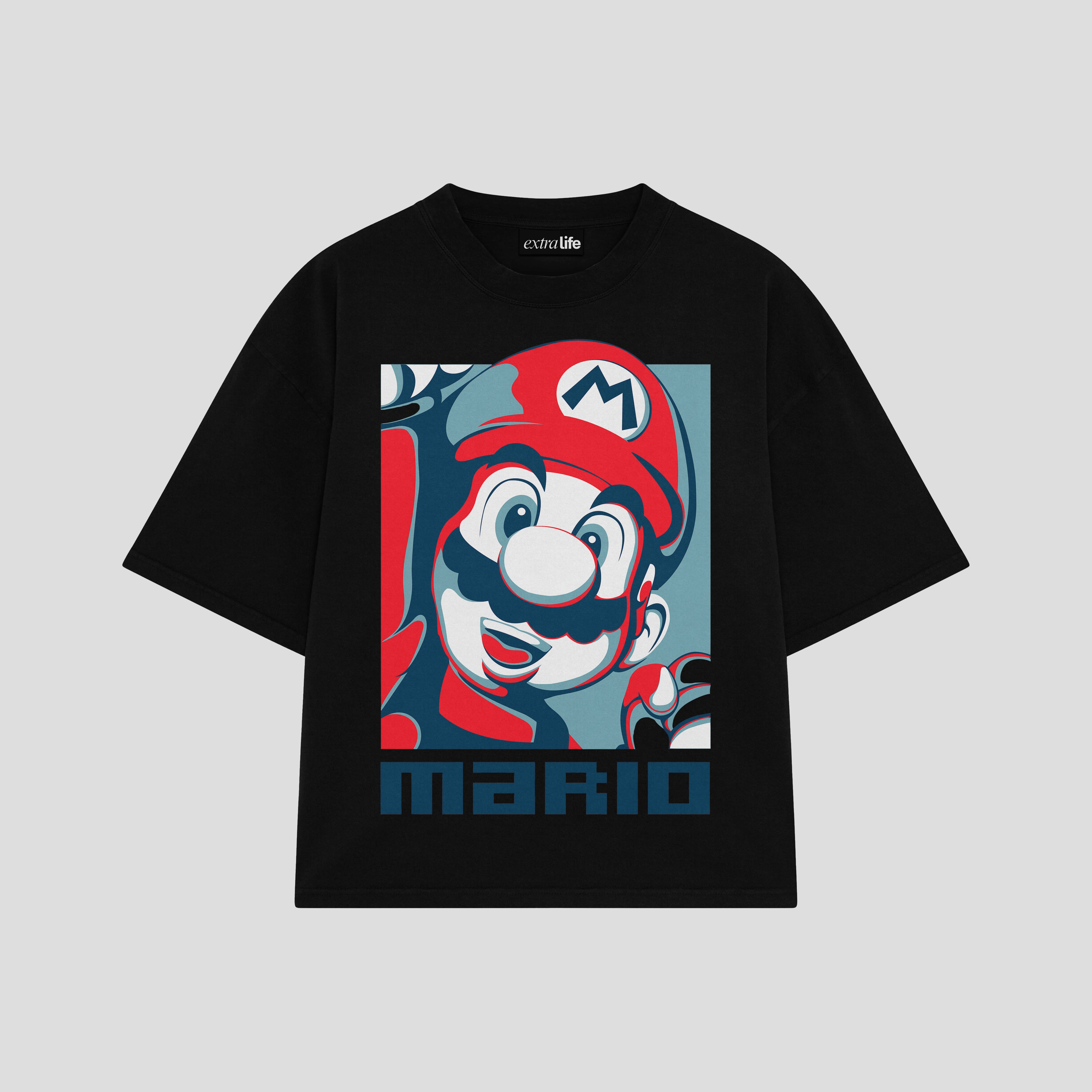 Playera streetwear premium de anime y gaming ExtraLife MX, corte boxy oversized drop shoulder heavyweight en color Deep Black y Off-White, moda urbana mexicana de culto.