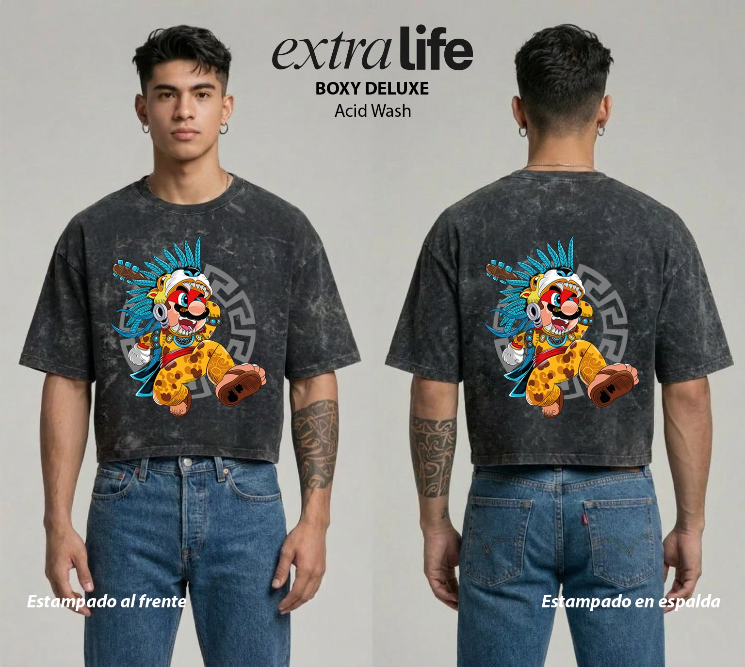 Playera streetwear premium de anime y gaming ExtraLife MX, corte boxy deluxe mineral wash heavyweight en color Acid Wash, moda urbana mexicana de culto.