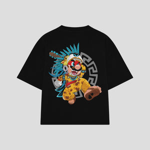 Playera streetwear premium de anime y gaming ExtraLife MX, corte boxy oversized drop shoulder heavyweight en color Deep Black y Off-White, moda urbana mexicana de culto.