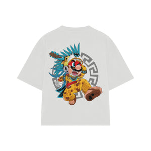 Playera streetwear premium de anime y gaming ExtraLife MX, corte boxy oversized drop shoulder heavyweight en color Deep Black y Off-White, moda urbana mexicana de culto.