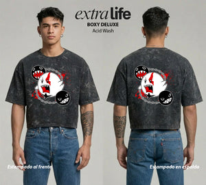 Playera streetwear premium de anime y gaming ExtraLife MX, corte boxy deluxe mineral wash heavyweight en color Acid Wash, moda urbana mexicana de culto.