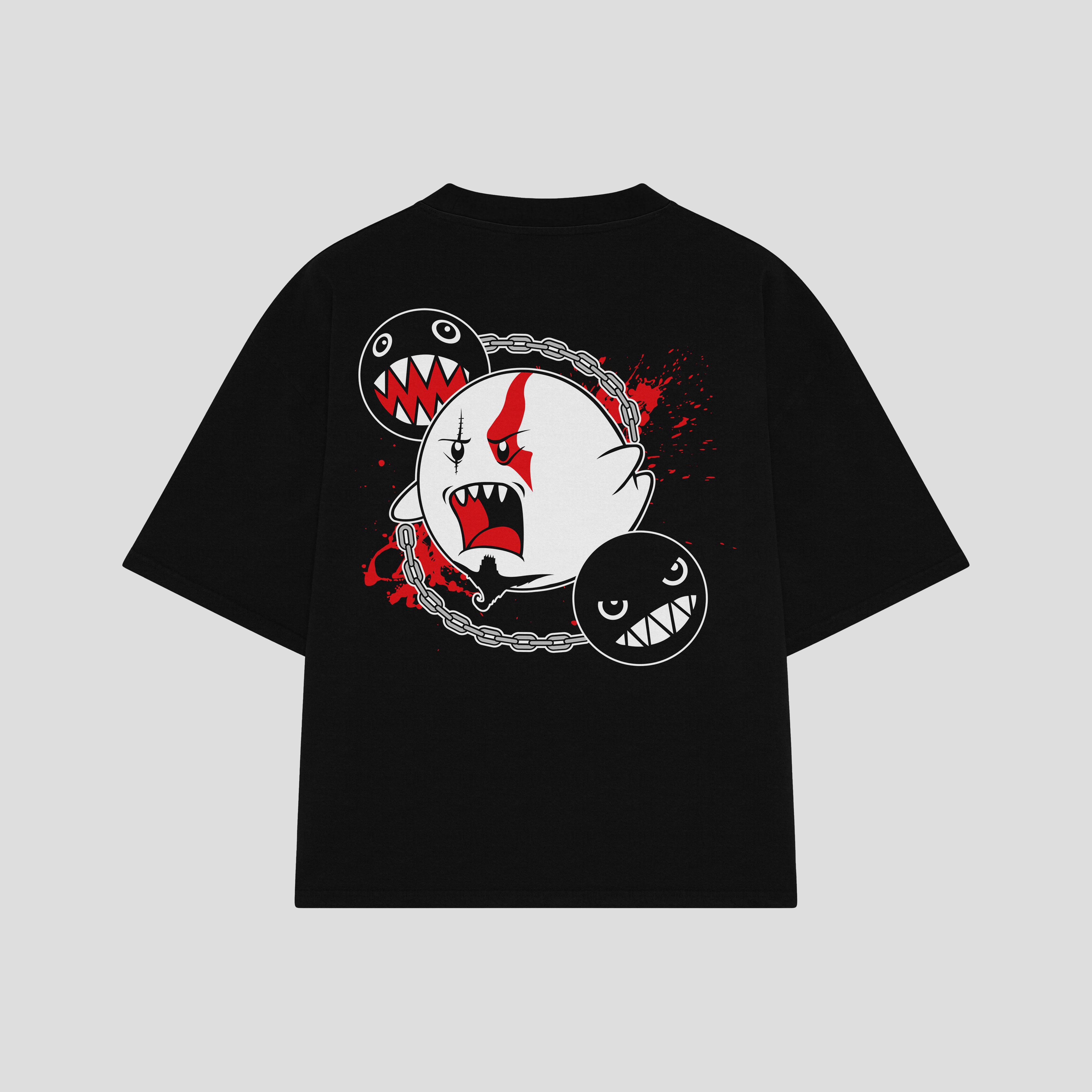 Playera streetwear premium de anime y gaming ExtraLife MX, corte boxy oversized drop shoulder heavyweight en color Deep Black y Off-White, moda urbana mexicana de culto.