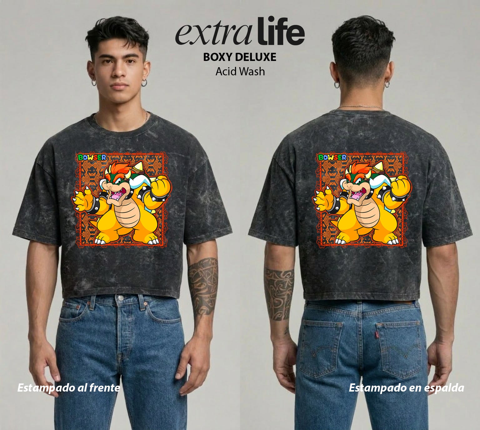 Playera streetwear premium de anime y gaming ExtraLife MX, corte boxy deluxe mineral wash heavyweight en color Acid Wash, moda urbana mexicana de culto.
