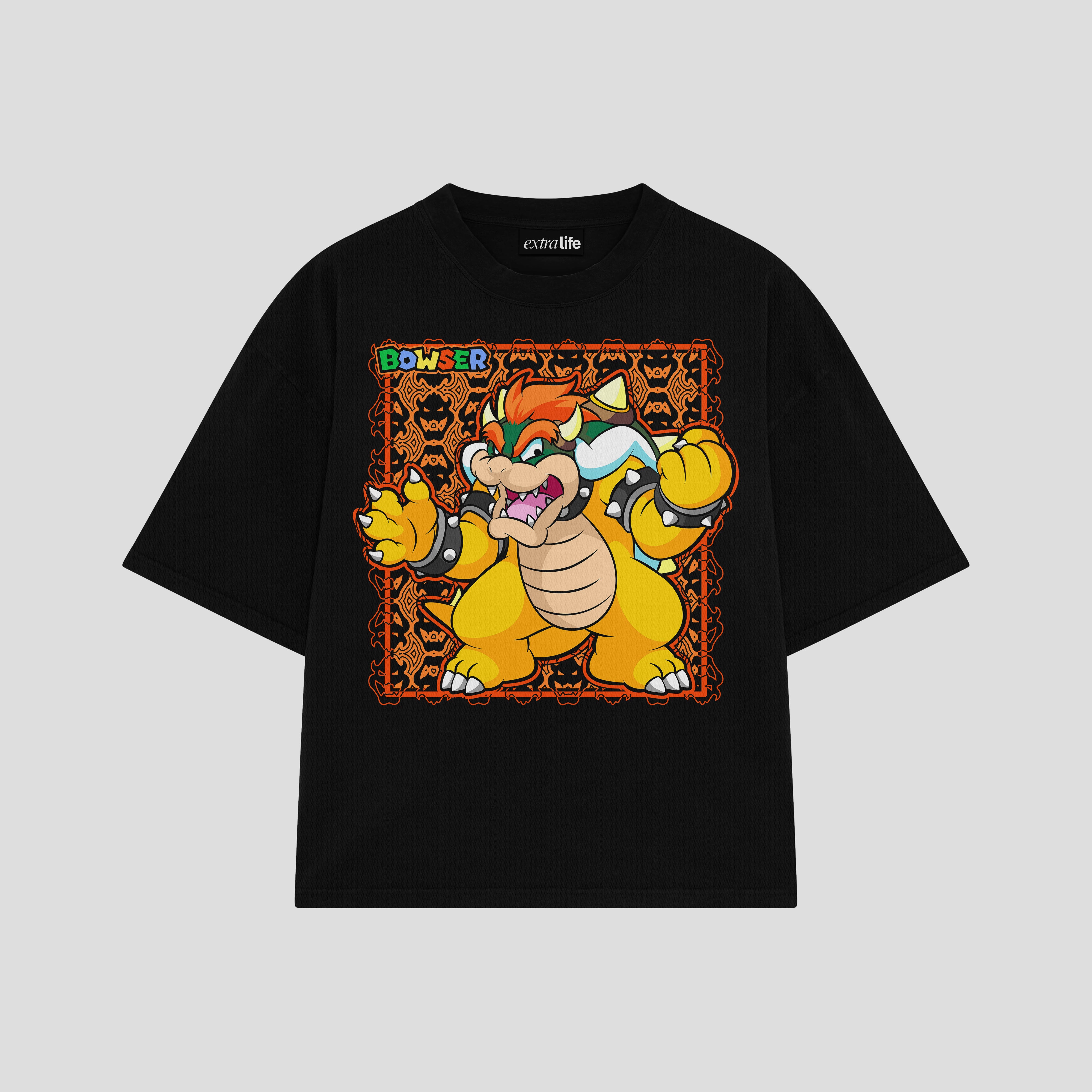 Playera streetwear premium de anime y gaming ExtraLife MX, corte boxy oversized drop shoulder heavyweight en color Deep Black y Off-White, moda urbana mexicana de culto.