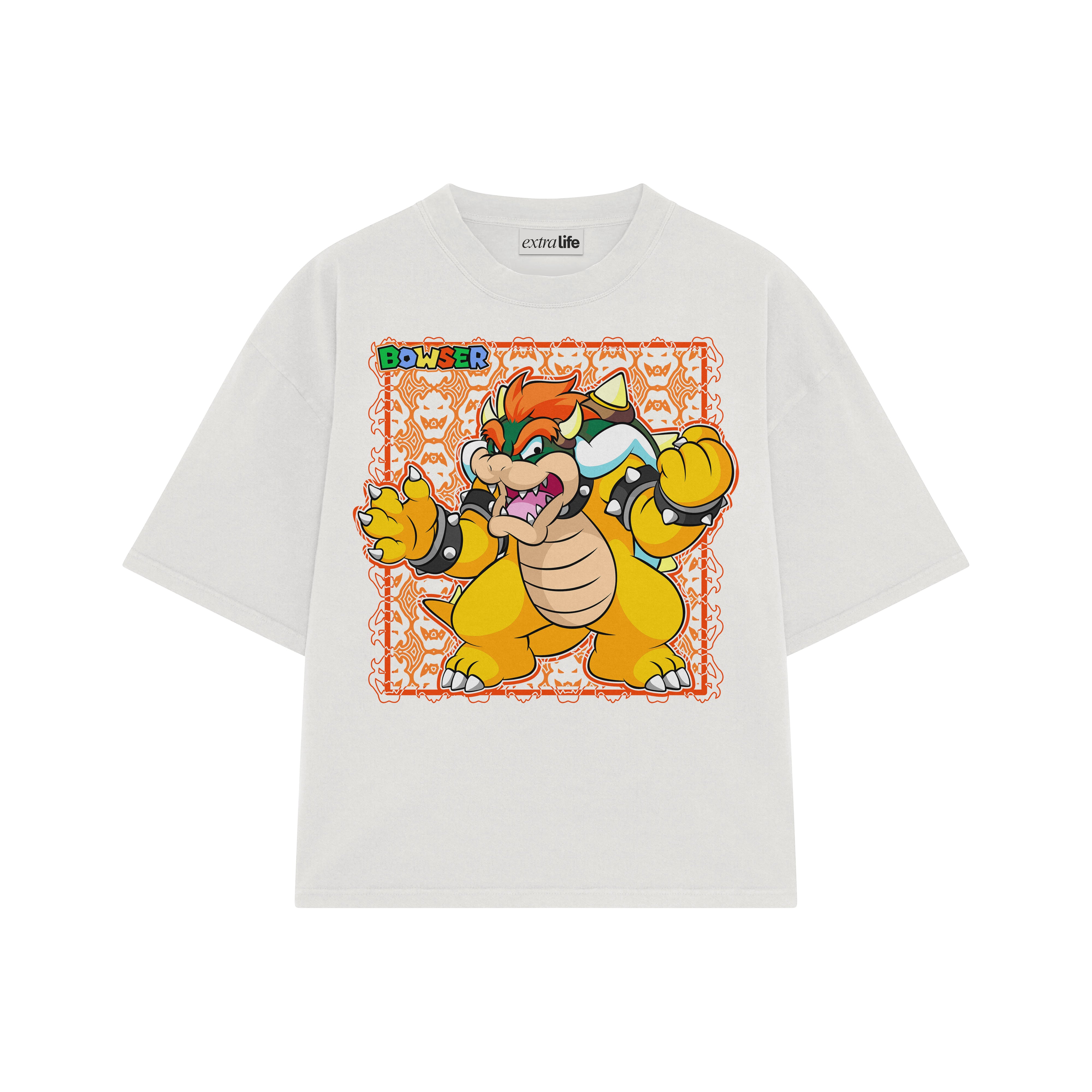 Playera streetwear premium de anime y gaming ExtraLife MX, corte boxy oversized drop shoulder heavyweight en color Deep Black y Off-White, moda urbana mexicana de culto.