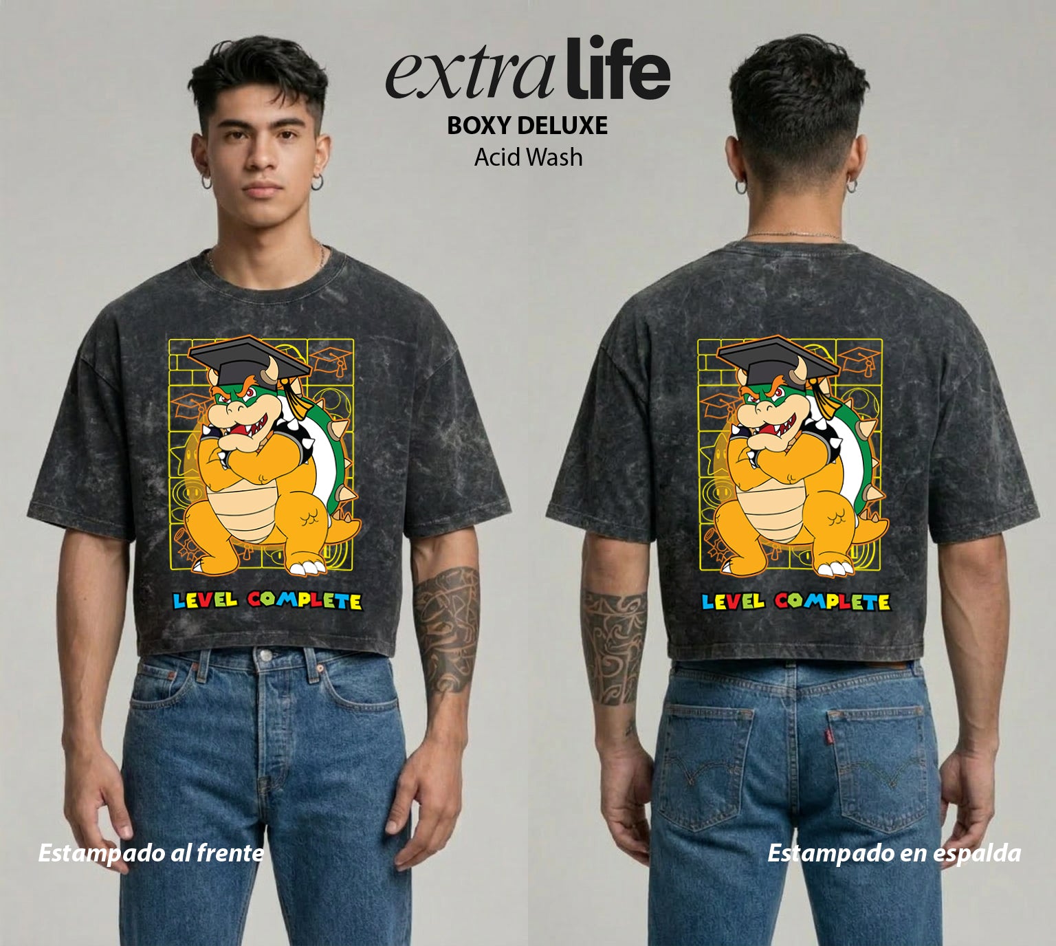Playera streetwear premium de anime y gaming ExtraLife MX, corte boxy deluxe mineral wash heavyweight en color Acid Wash, moda urbana mexicana de culto.