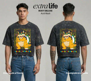 Playera streetwear premium de anime y gaming ExtraLife MX, corte boxy deluxe mineral wash heavyweight en color Acid Wash, moda urbana mexicana de culto.