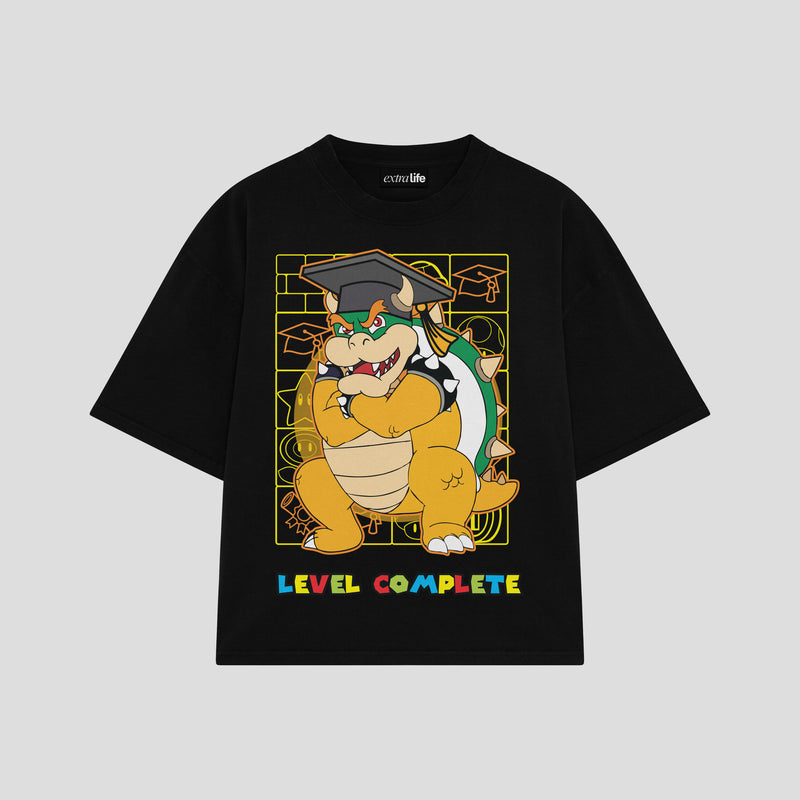 Playera streetwear premium de anime y gaming ExtraLife MX, corte boxy oversized drop shoulder heavyweight en color Deep Black y Off-White, moda urbana mexicana de culto.