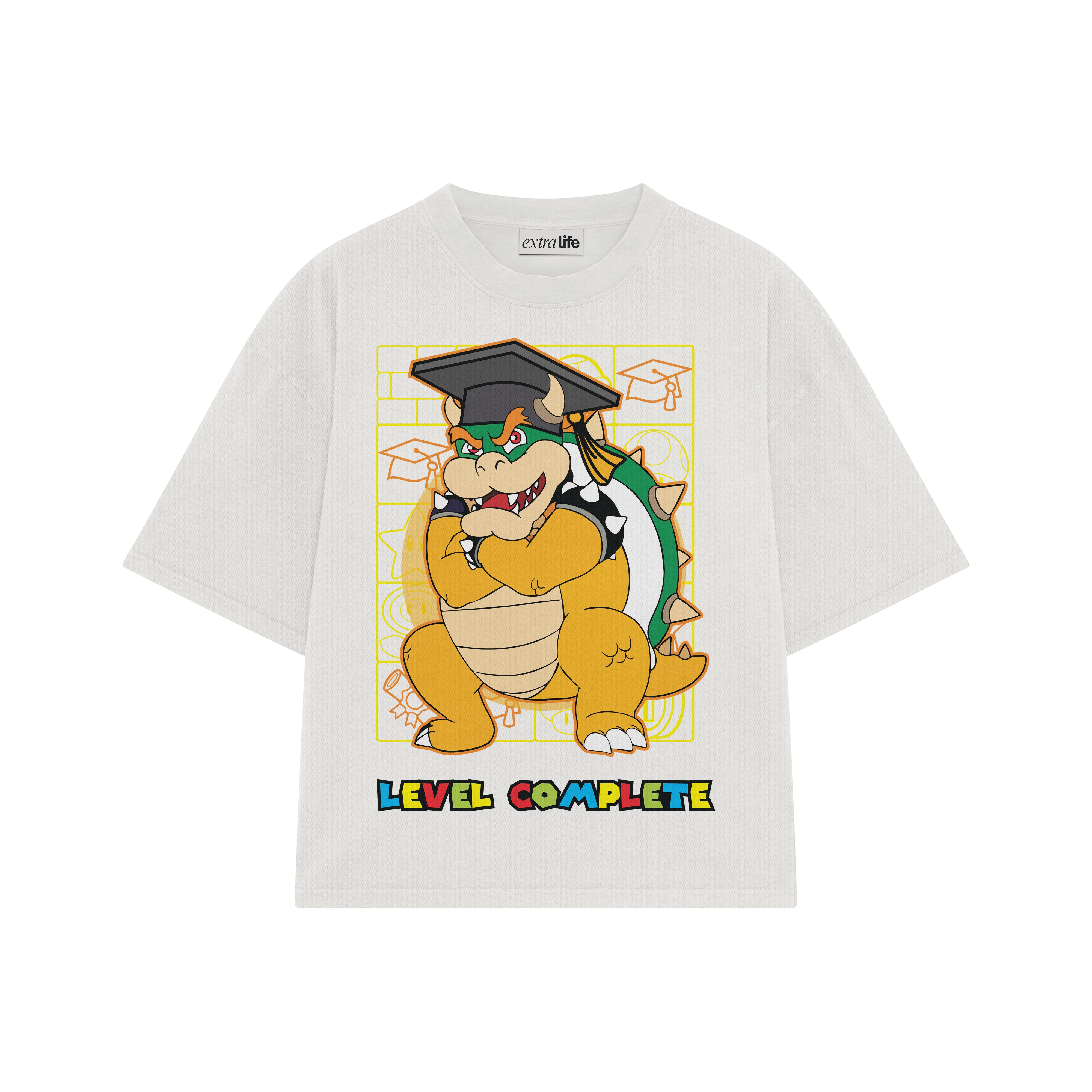 Playera streetwear premium de anime y gaming ExtraLife MX, corte boxy oversized drop shoulder heavyweight en color Deep Black y Off-White, moda urbana mexicana de culto.