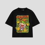 Playera streetwear premium de anime y gaming ExtraLife MX, corte boxy oversized drop shoulder heavyweight en color Deep Black y Off-White, moda urbana mexicana de culto.
