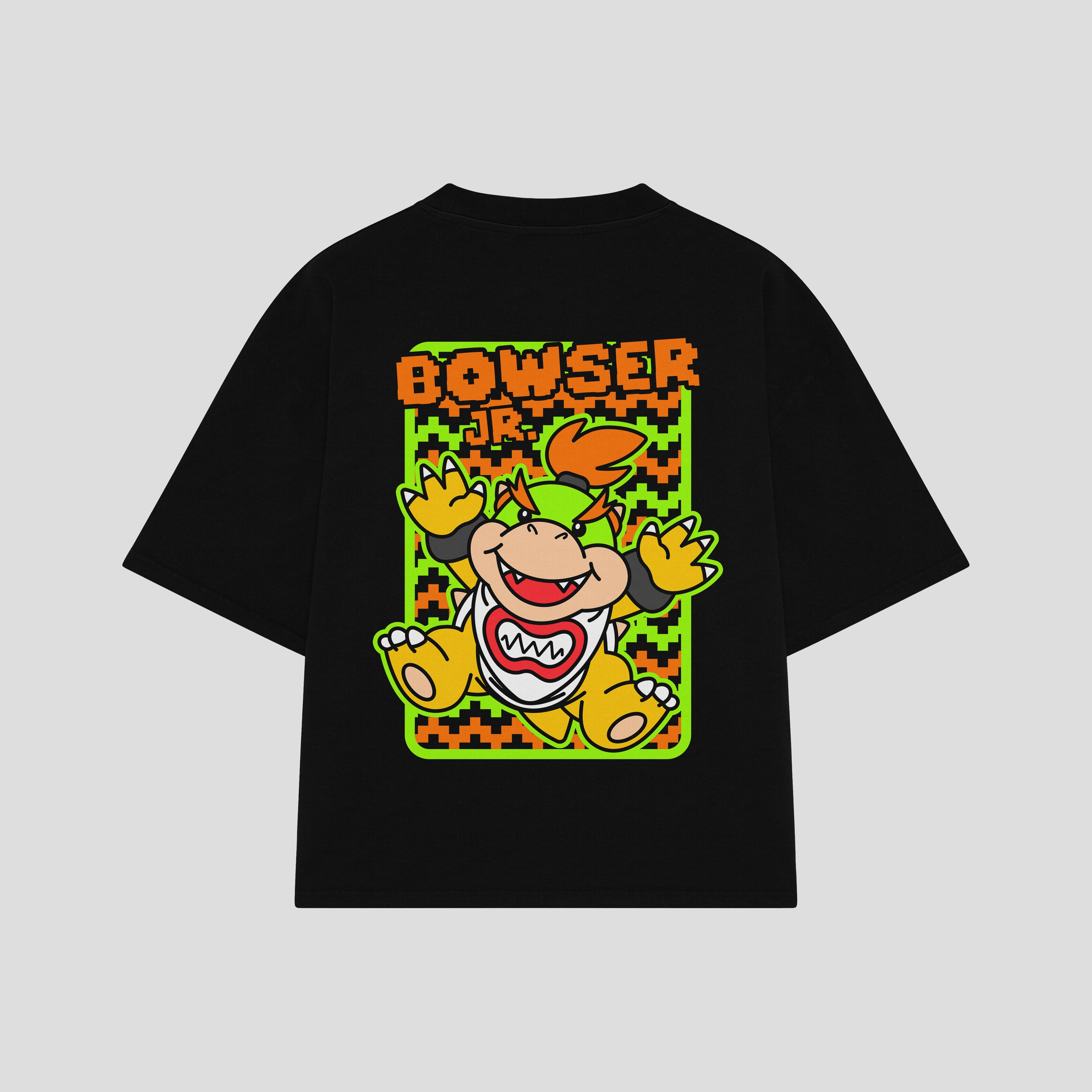 Playera streetwear premium de anime y gaming ExtraLife MX, corte boxy oversized drop shoulder heavyweight en color Deep Black y Off-White, moda urbana mexicana de culto.