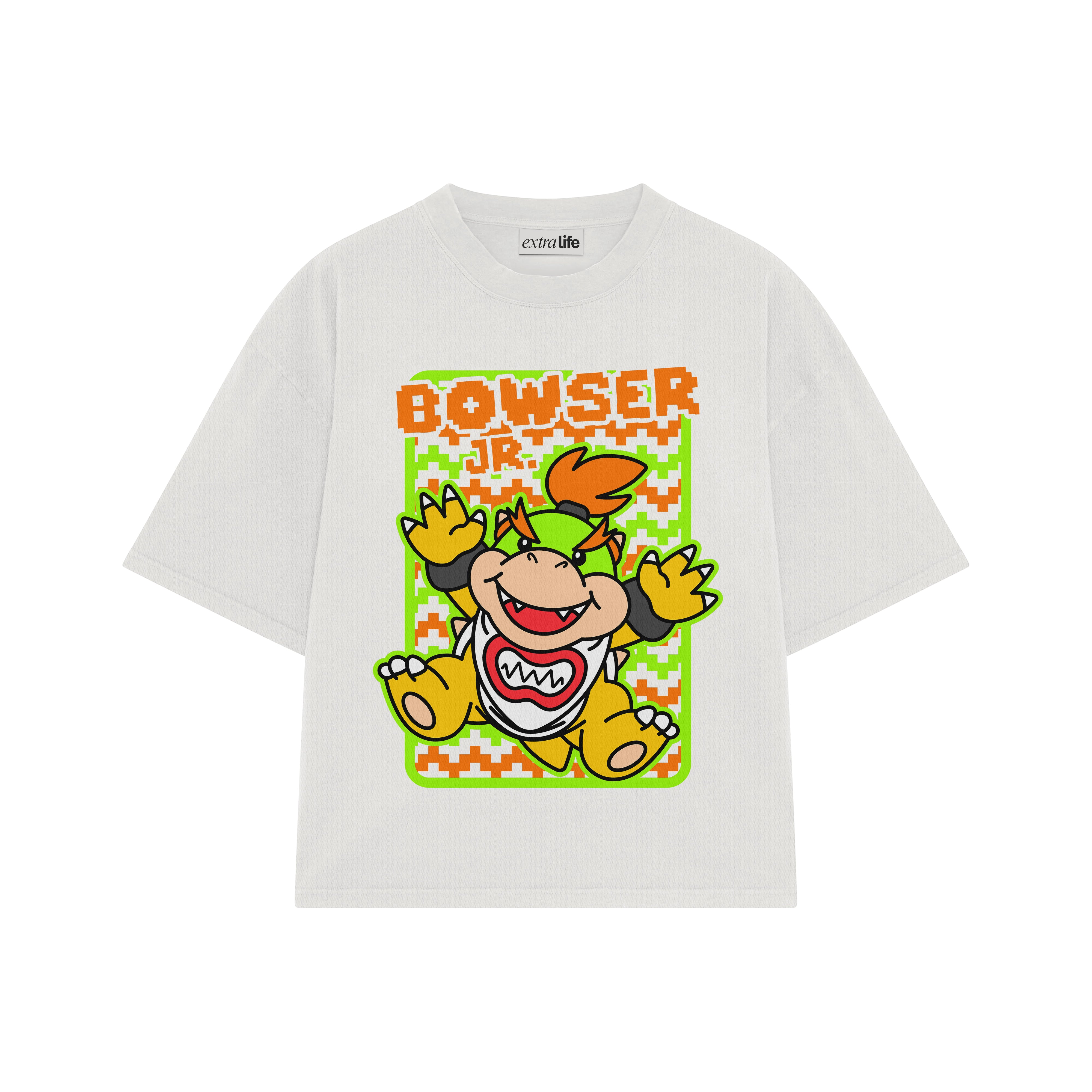 Playera streetwear premium de anime y gaming ExtraLife MX, corte boxy oversized drop shoulder heavyweight en color Deep Black y Off-White, moda urbana mexicana de culto.