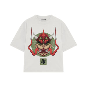 Playera streetwear premium de anime y gaming ExtraLife MX, corte boxy oversized drop shoulder heavyweight en color Deep Black y Off-White, moda urbana mexicana de culto.