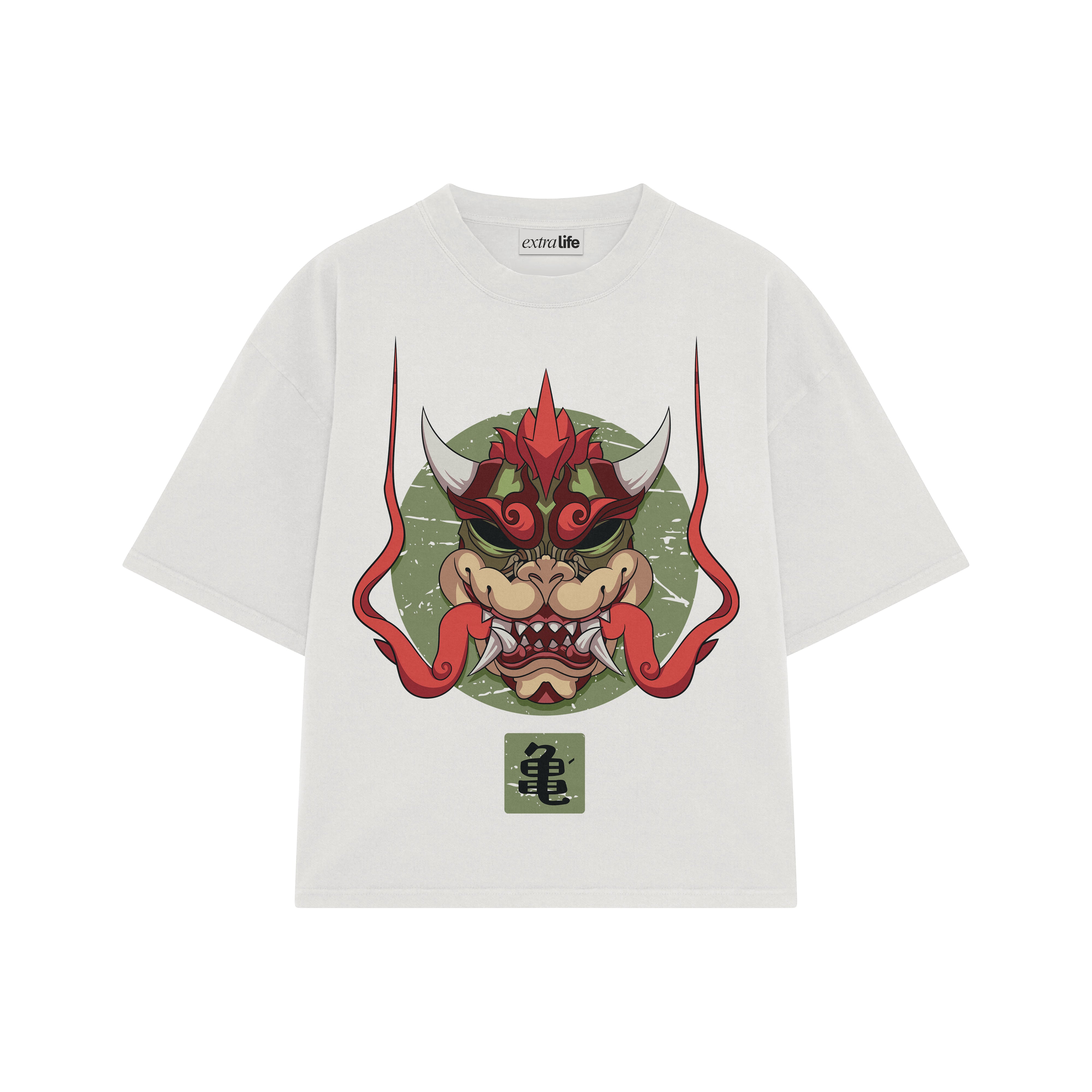 Playera streetwear premium de anime y gaming ExtraLife MX, corte boxy oversized drop shoulder heavyweight en color Deep Black y Off-White, moda urbana mexicana de culto.